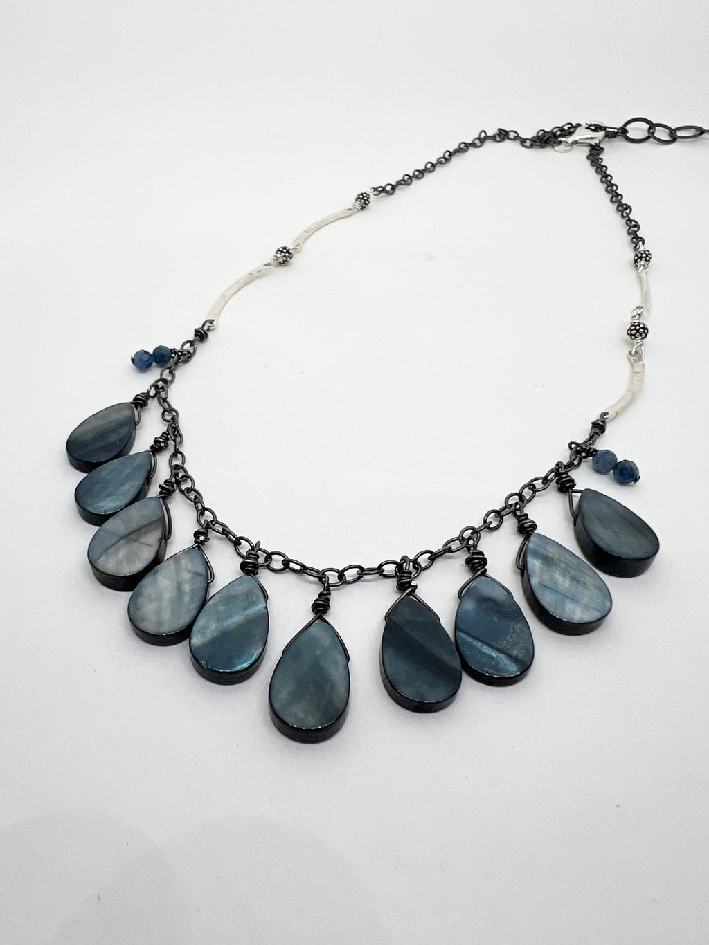 Handmade Blue Pendant Necklace, Blue Shell Necklace, Sterling Silver Beaded Necklace