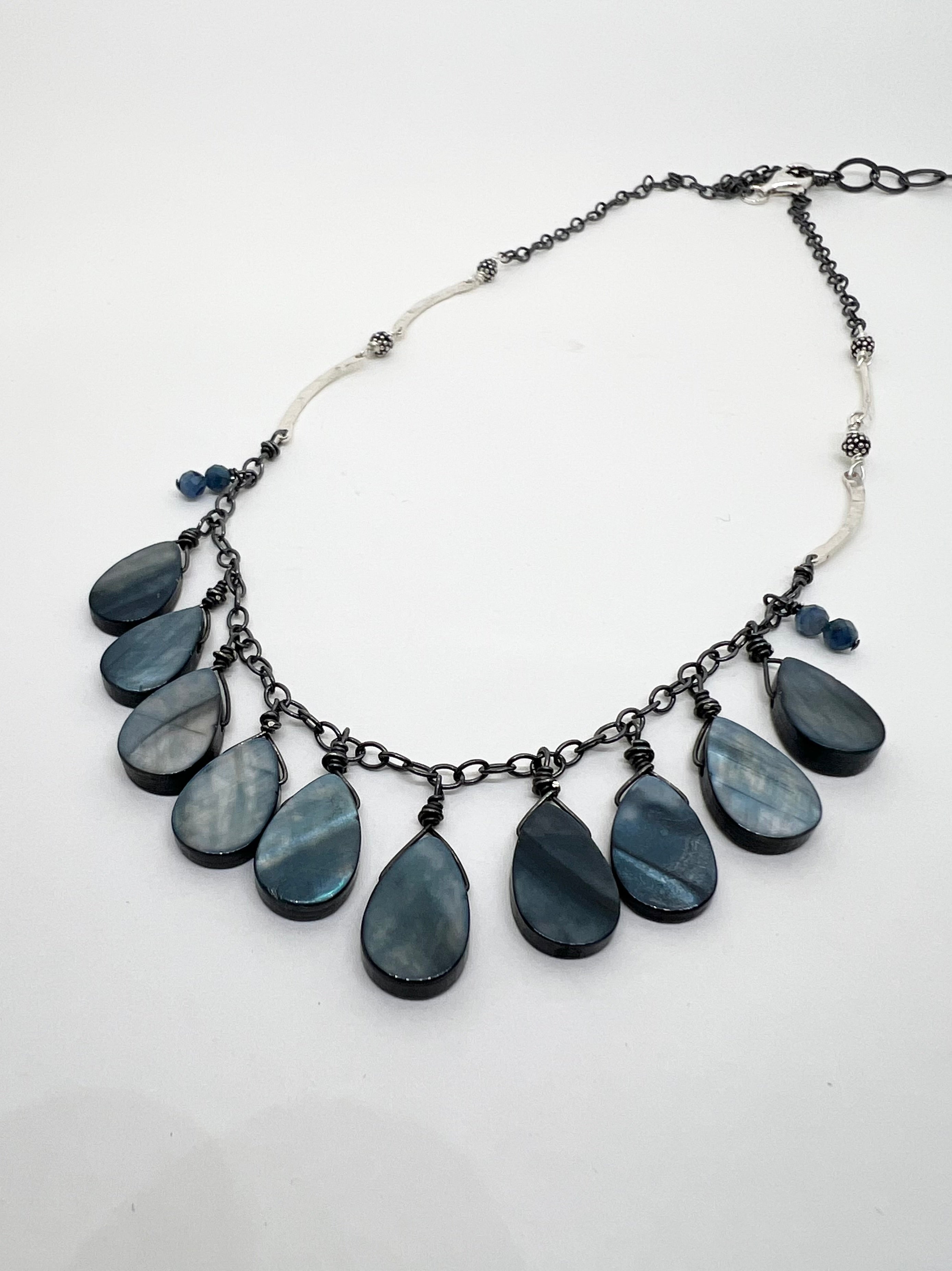 Handmade Blue Pendant Necklace, Blue Shell Necklace, Sterling Silver Beaded Necklace