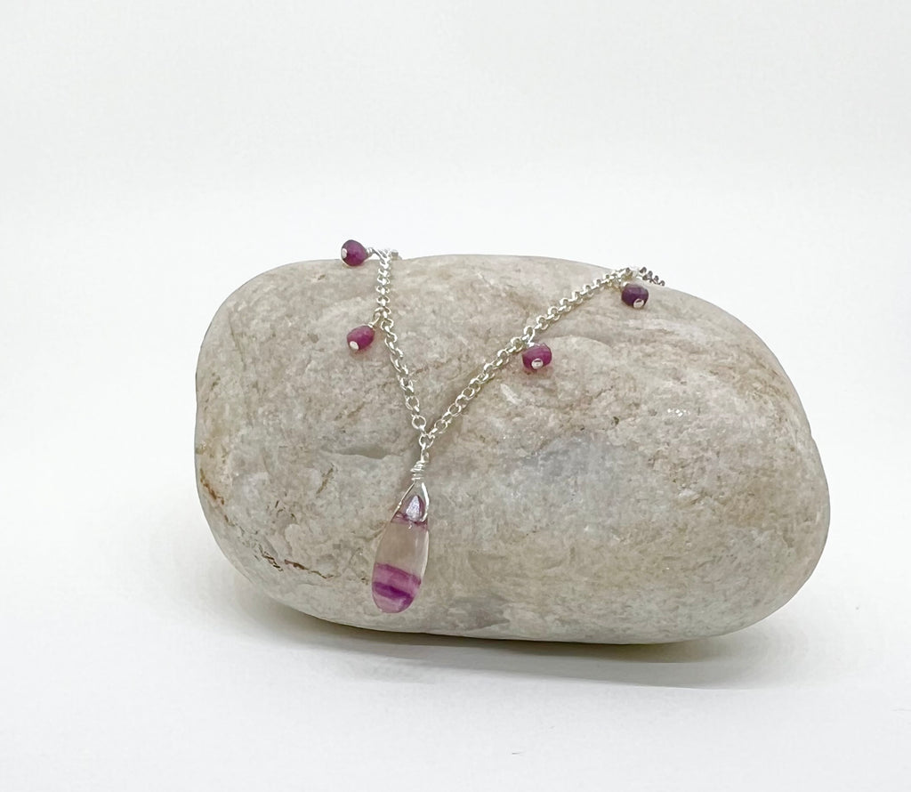 Handmade Ruby Necklace, Sterling Silver Beaded Necklace, Fluorite Gemstone Necklace