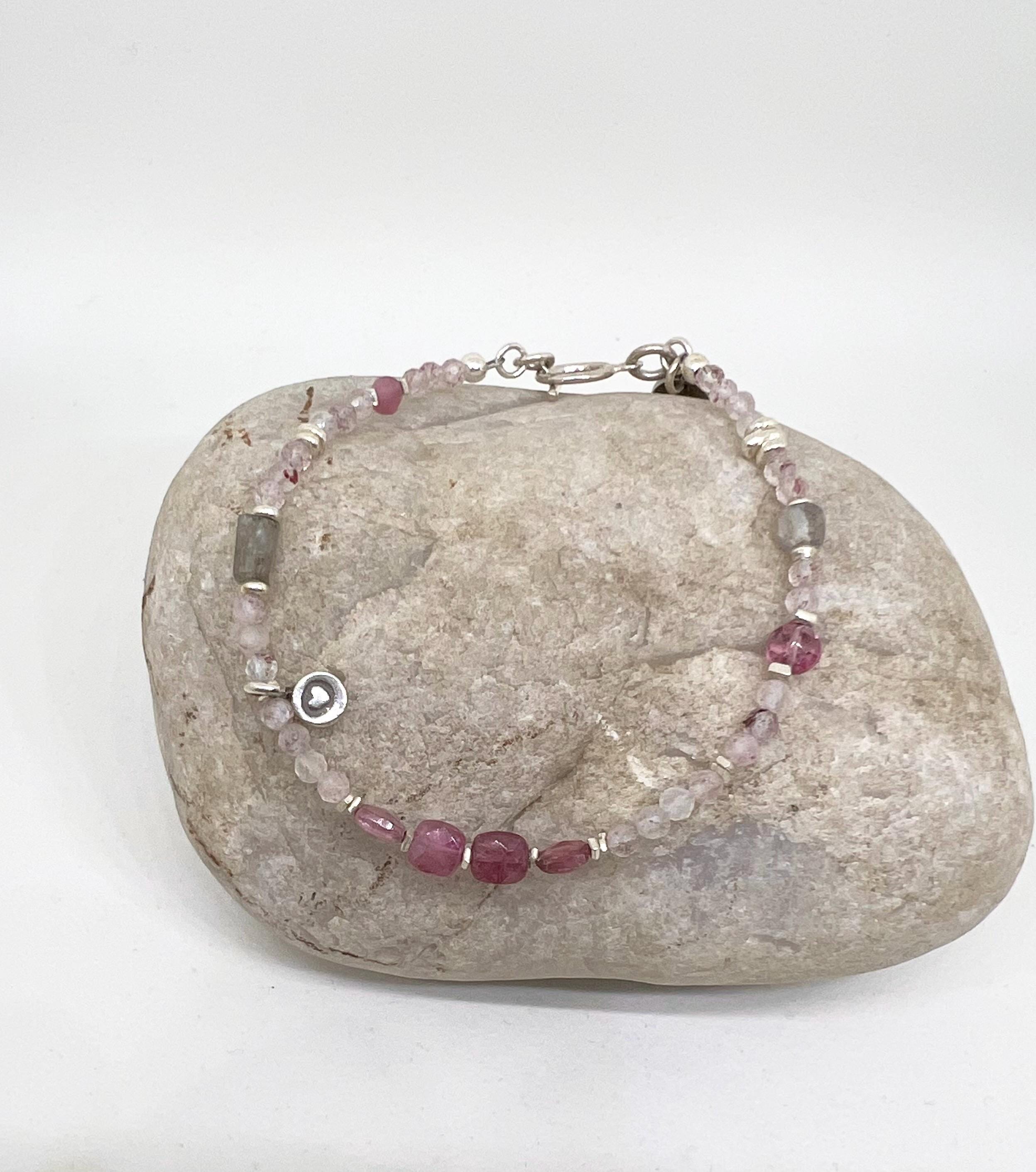 Pink Gemstone Handmade Beaded Bracelet, Jewelry, Sterling Silver, Tennis, Tourmaline, Strawberry Quartz