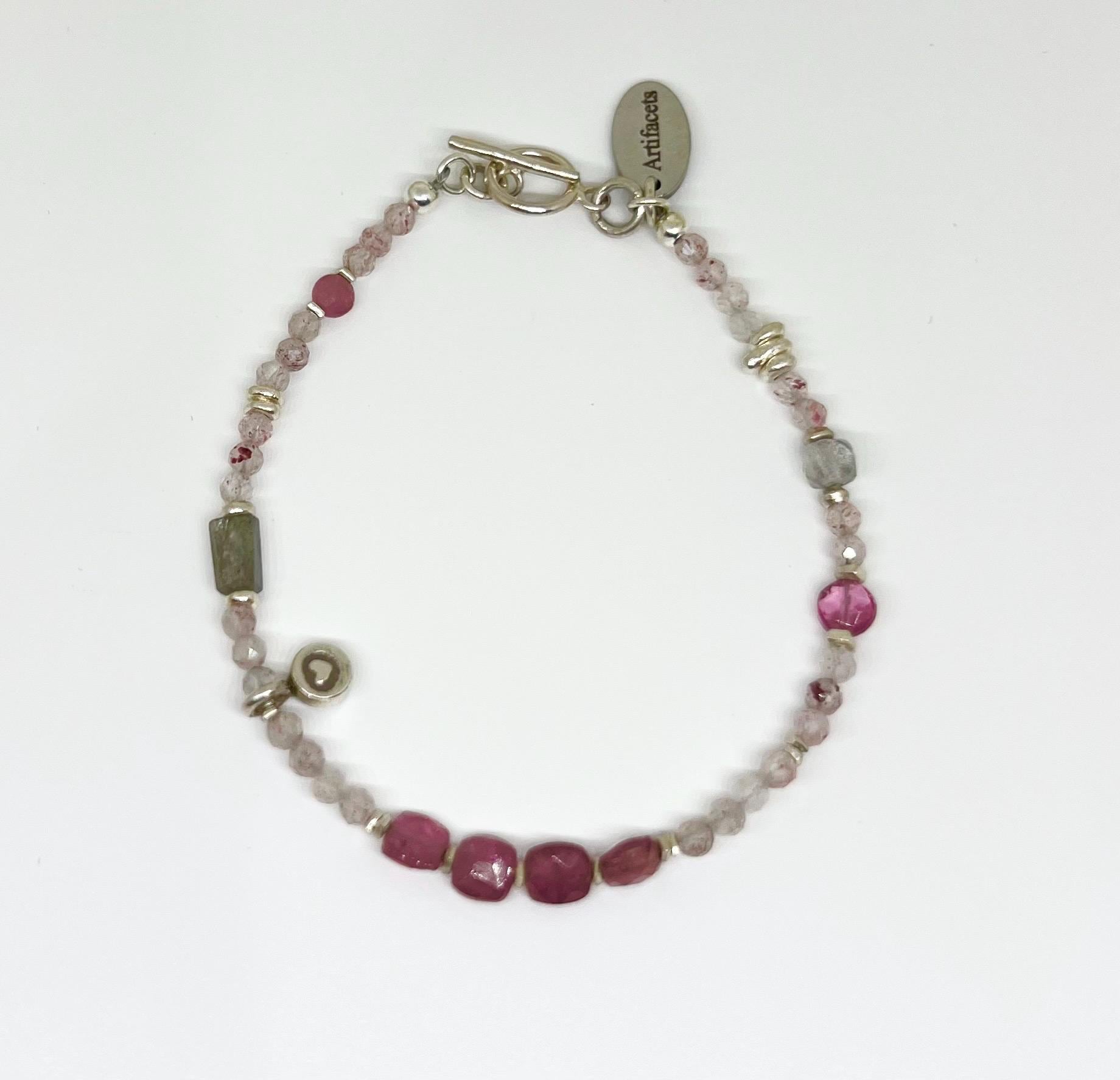 Pink Gemstone Handmade Beaded Bracelet, Jewelry, Sterling Silver, Tennis, Tourmaline, Strawberry Quartz