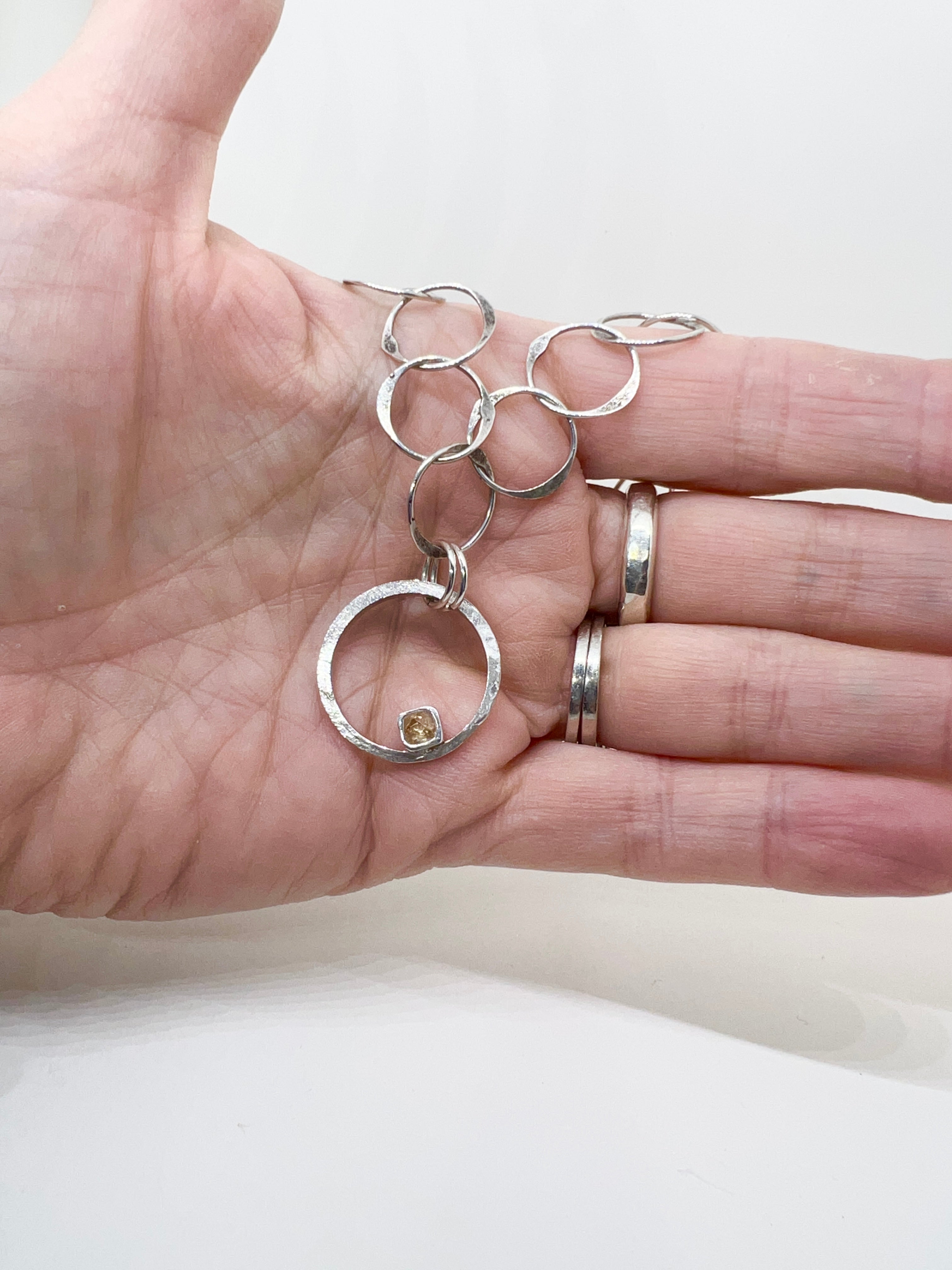 Handmade Multi Hoop Pendant Necklace, Sterling Silver Handmade Necklace, Citrine CZ Pendant Necklace