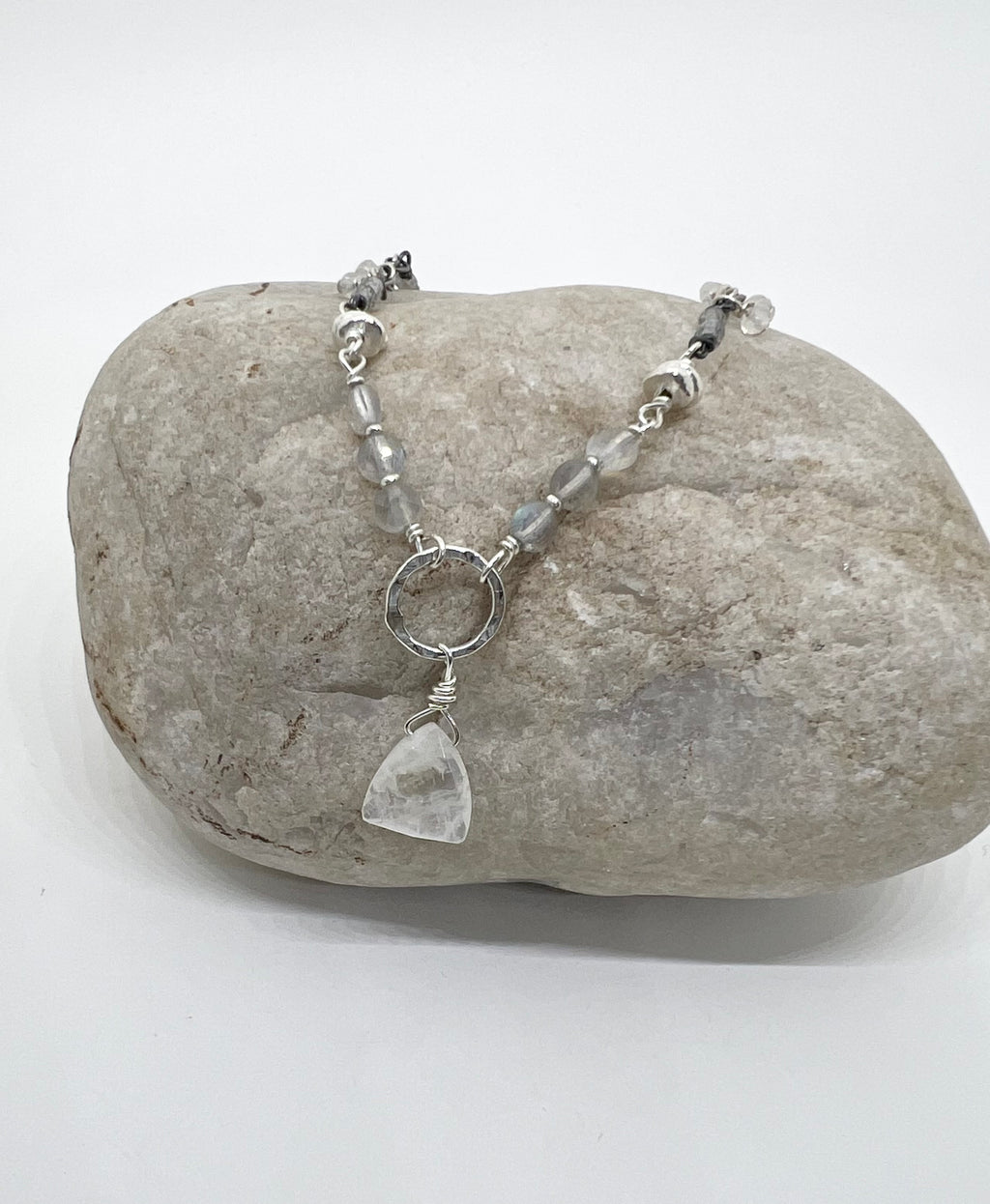 Handmade Moonstone Pendant Necklace, Rainbow Moonstone Necklace, Gemstone Beaded Necklace, Sterling Silver Necklace