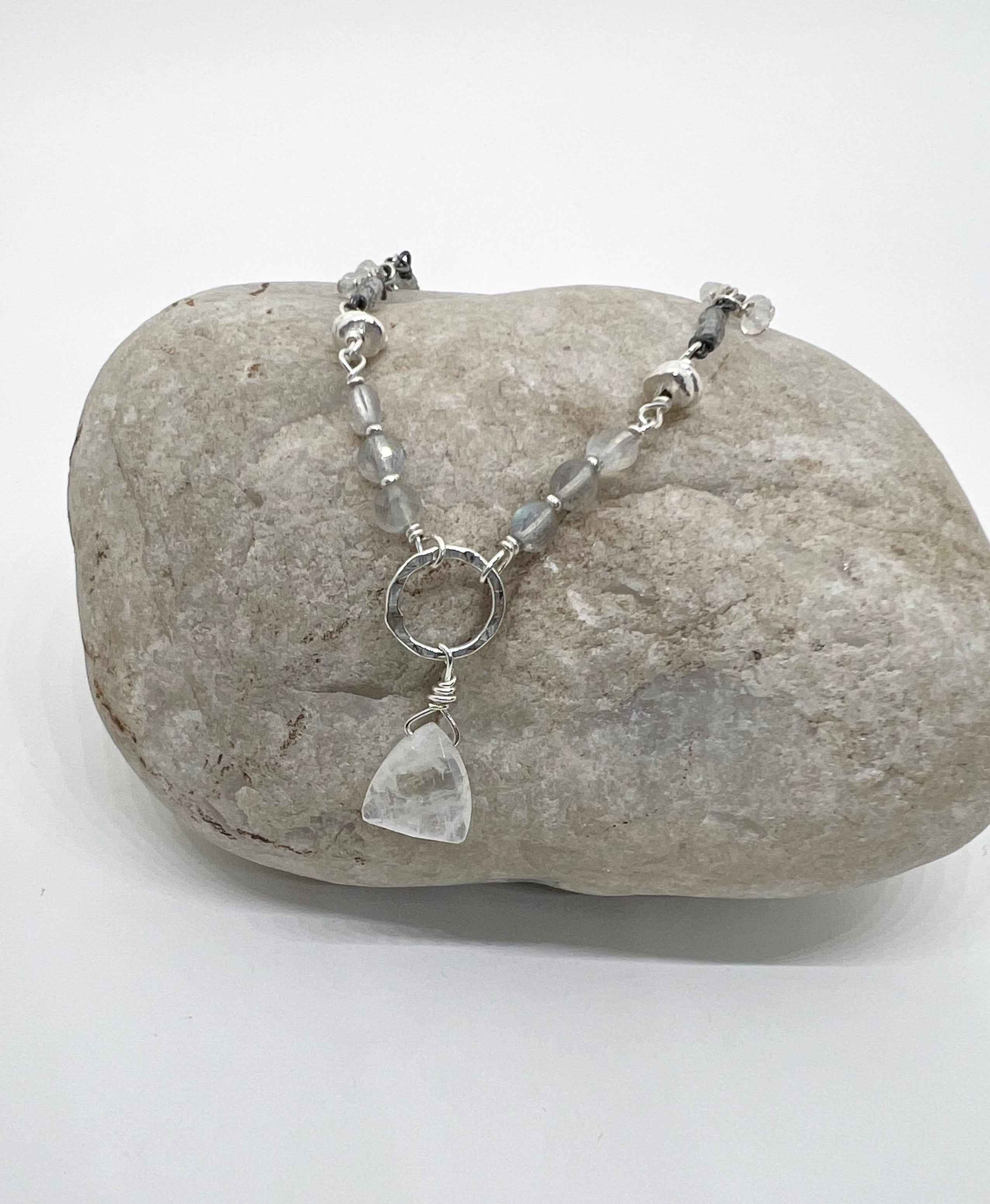 Handmade Moonstone Pendant Necklace, Rainbow Moonstone Necklace, Gemstone Beaded Necklace, Sterling Silver Necklace