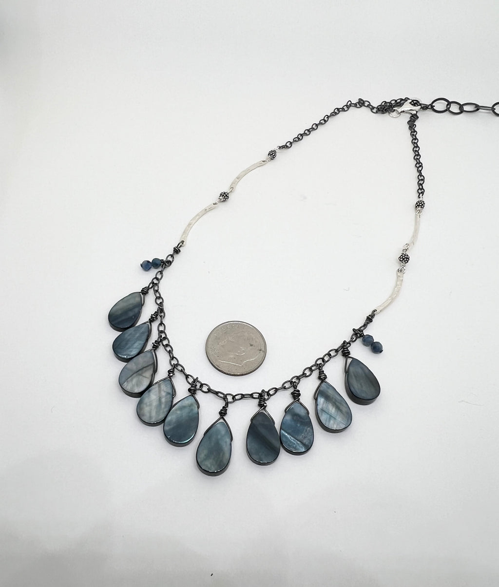 Handmade Blue Pendant Necklace, Blue Shell Necklace, Sterling Silver Beaded Necklace