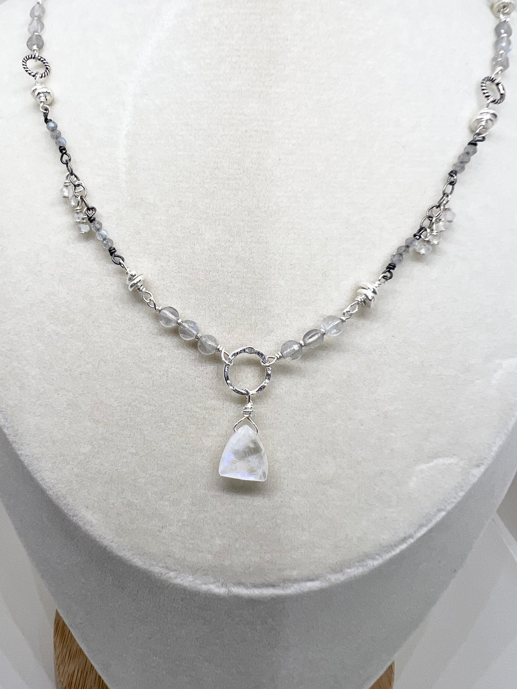 Handmade Moonstone Pendant Necklace, Rainbow Moonstone Necklace, Gemstone Beaded Necklace, Sterling Silver Necklace