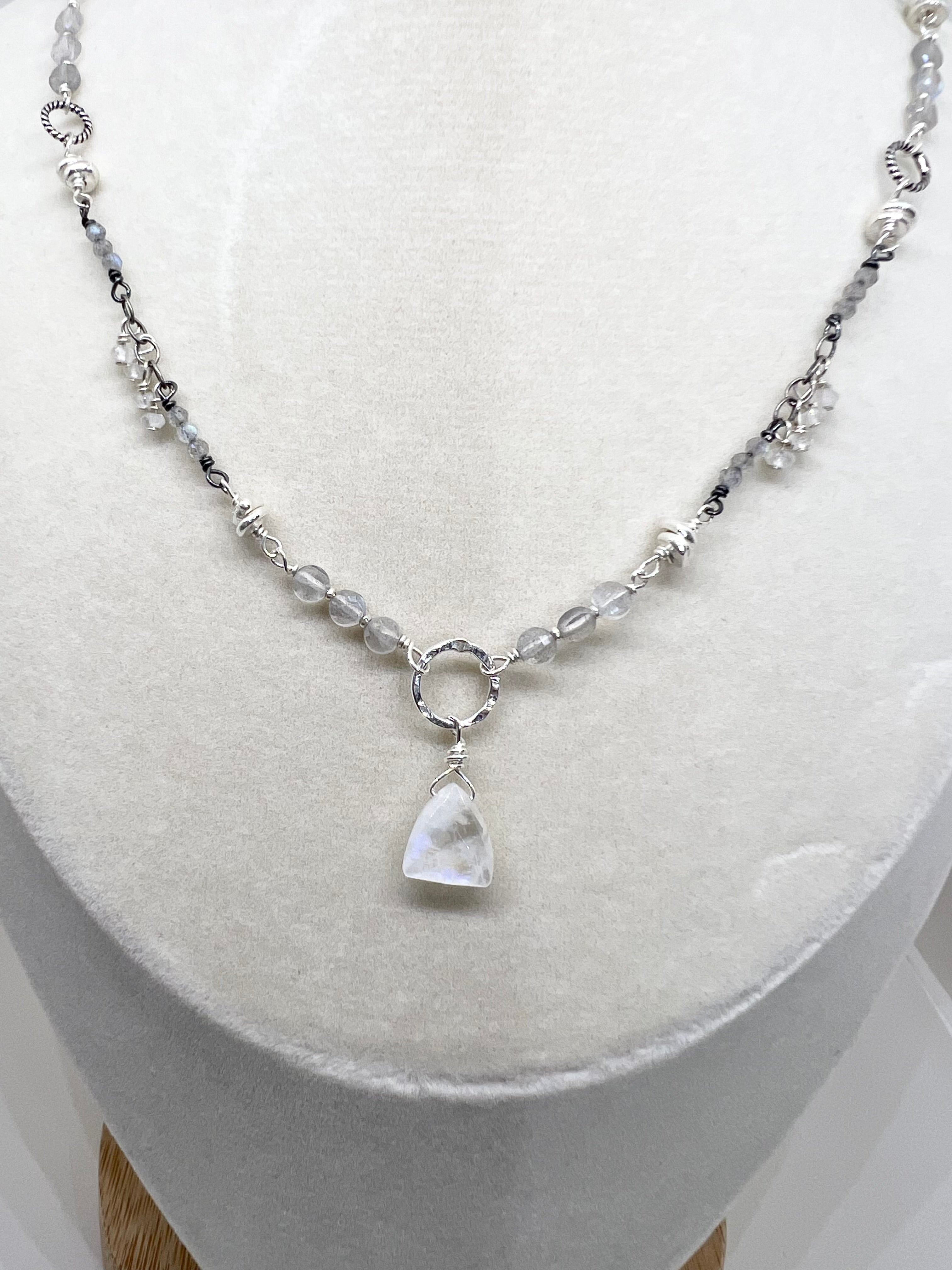 Handmade Moonstone Pendant Necklace, Rainbow Moonstone Necklace, Gemstone Beaded Necklace, Sterling Silver Necklace
