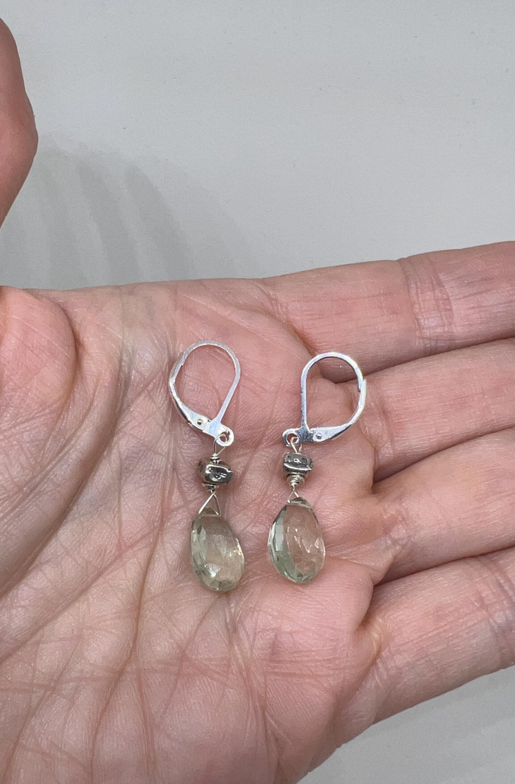 Pale Green Gemstone Silver Dangle Earrings, Green Amethyst, Prasiolite, Handmade, Teardrop Shape