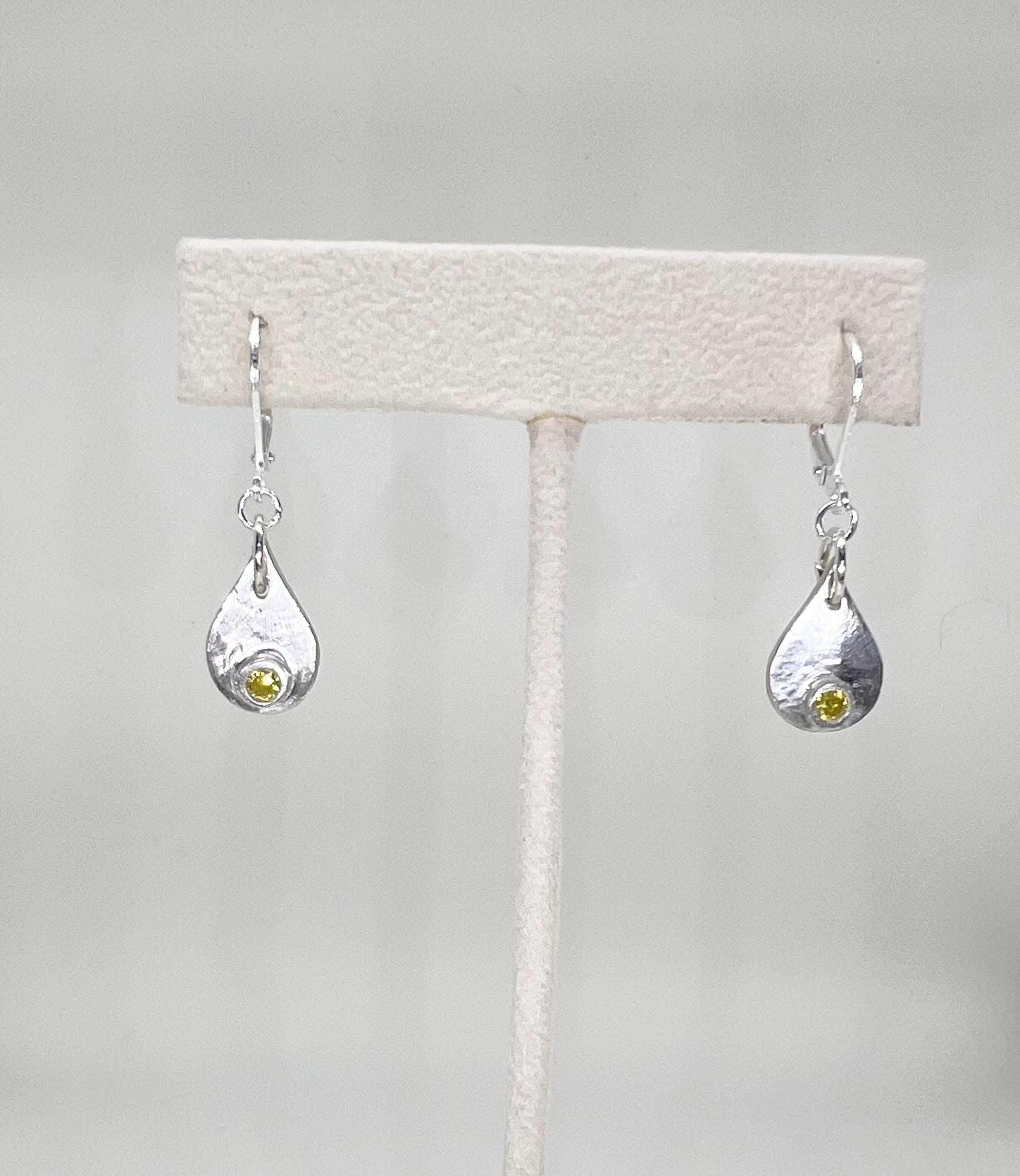 Yellow Gemstone Handmade Earrings Silver Dangle, Lemon Quartz CZ, Sterling, Teardrop