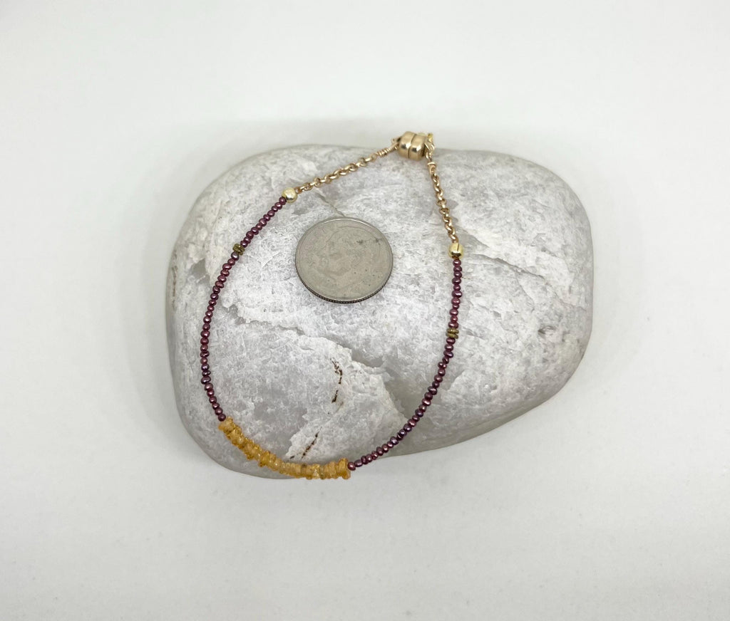 Golden Gemstone Beaded Bracelet, Vermeil, Red Pearl, Natural Stone, Garnet, Gold
