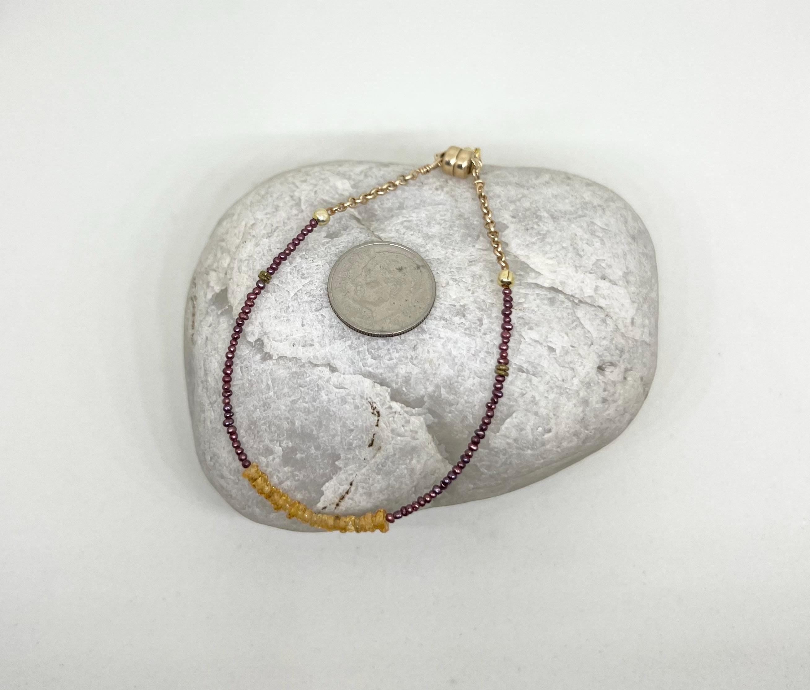 Golden Gemstone Beaded Bracelet, Vermeil, Red Pearl, Natural Stone, Garnet, Gold