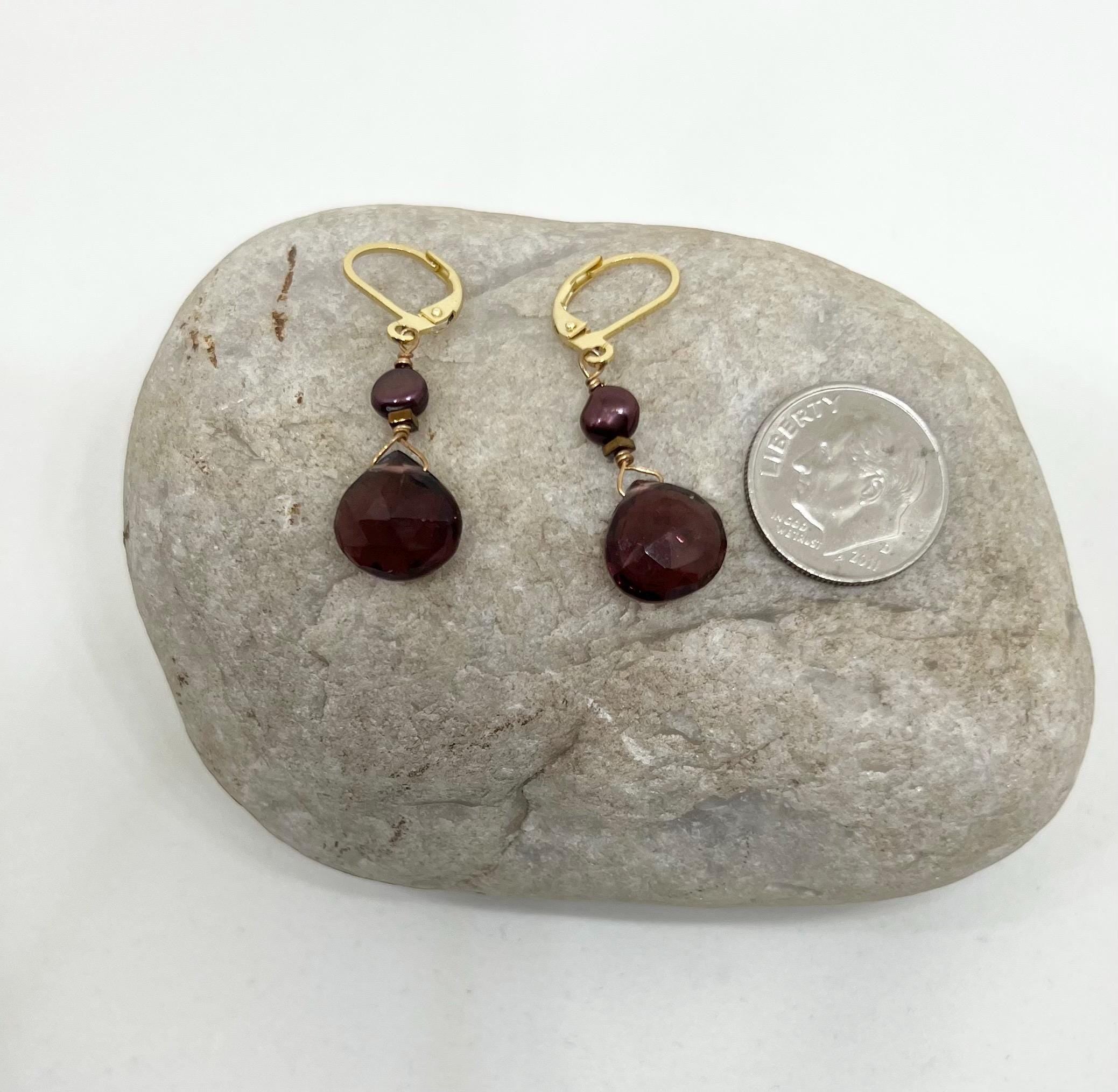 Red Gemstone Pearl Handmade Gold Dangle Earrings, Vermeil, Quartz