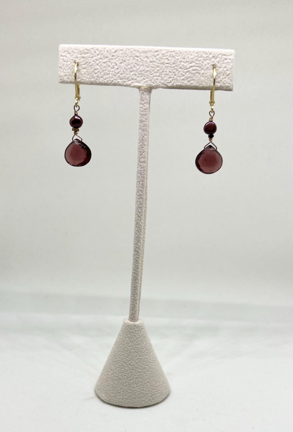Red Gemstone Pearl Handmade Gold Dangle Earrings, Vermeil, Quartz