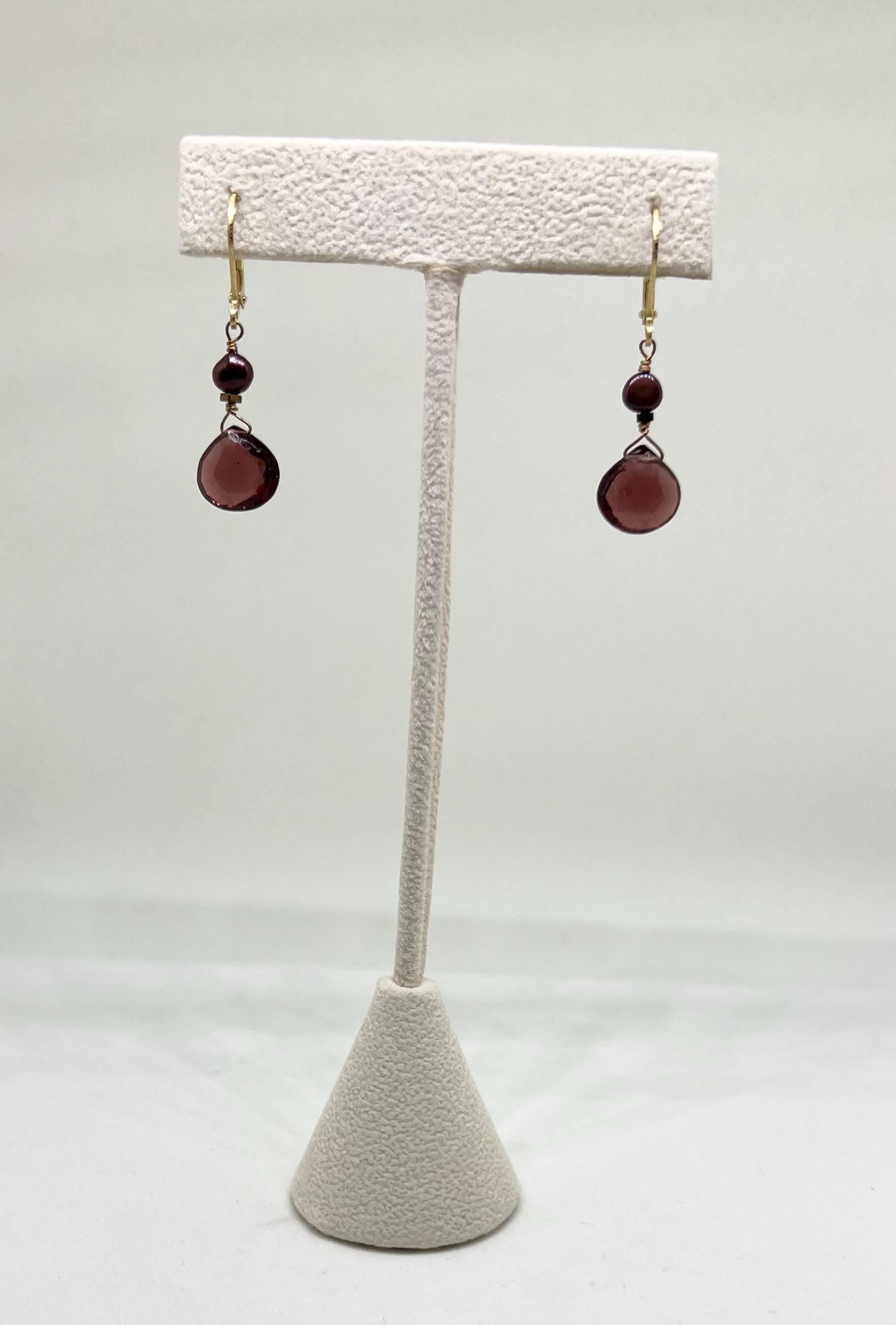 Red Gemstone Pearl Handmade Gold Dangle Earrings, Vermeil, Quartz