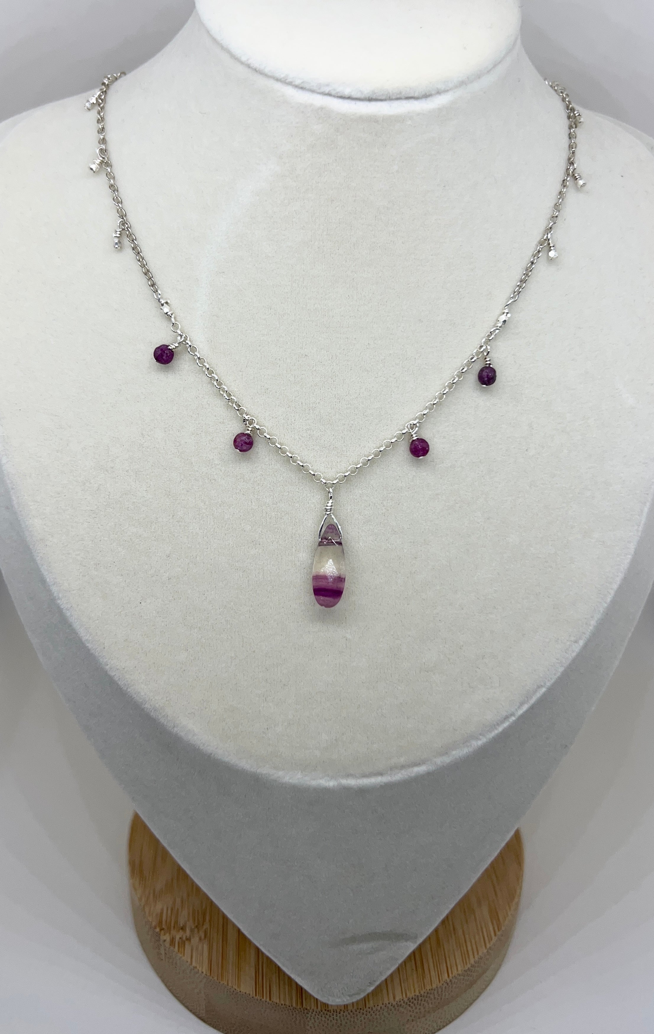 Handmade Ruby Necklace, Sterling Silver Beaded Necklace, Fluorite Gemstone Necklace