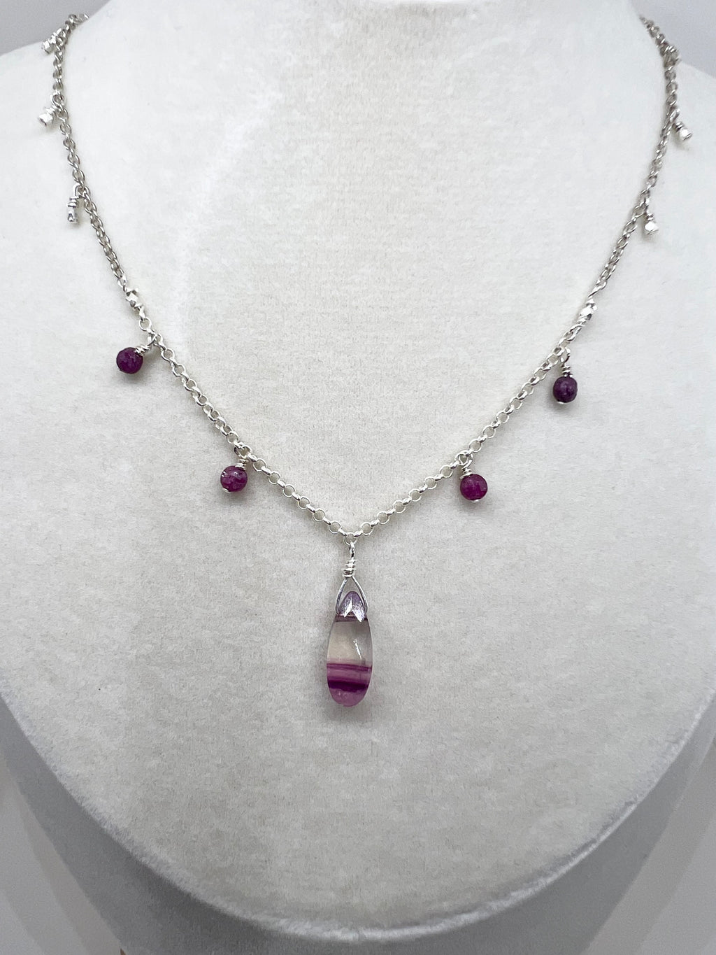 Handmade Ruby Necklace, Sterling Silver Beaded Necklace, Fluorite Gemstone Necklace