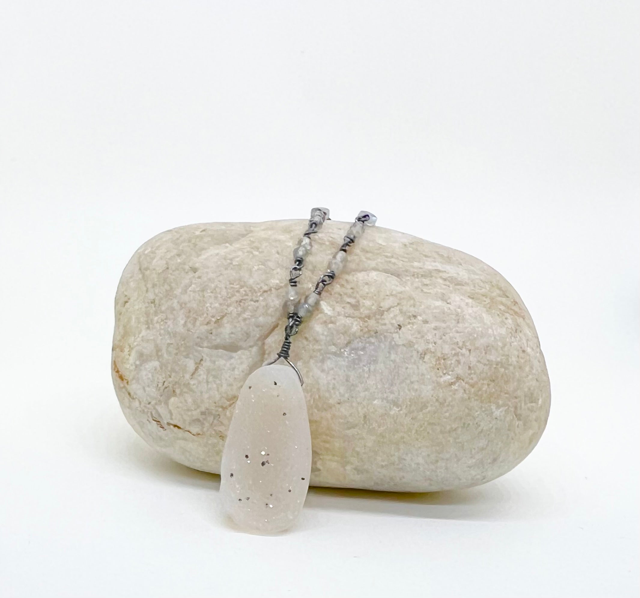 Handmade Pale Pink Gemstone Necklace, Drusy Chalcedony Necklace, Beaded Gemstone Necklace, Sterling Silver Rosary Chain Necklace