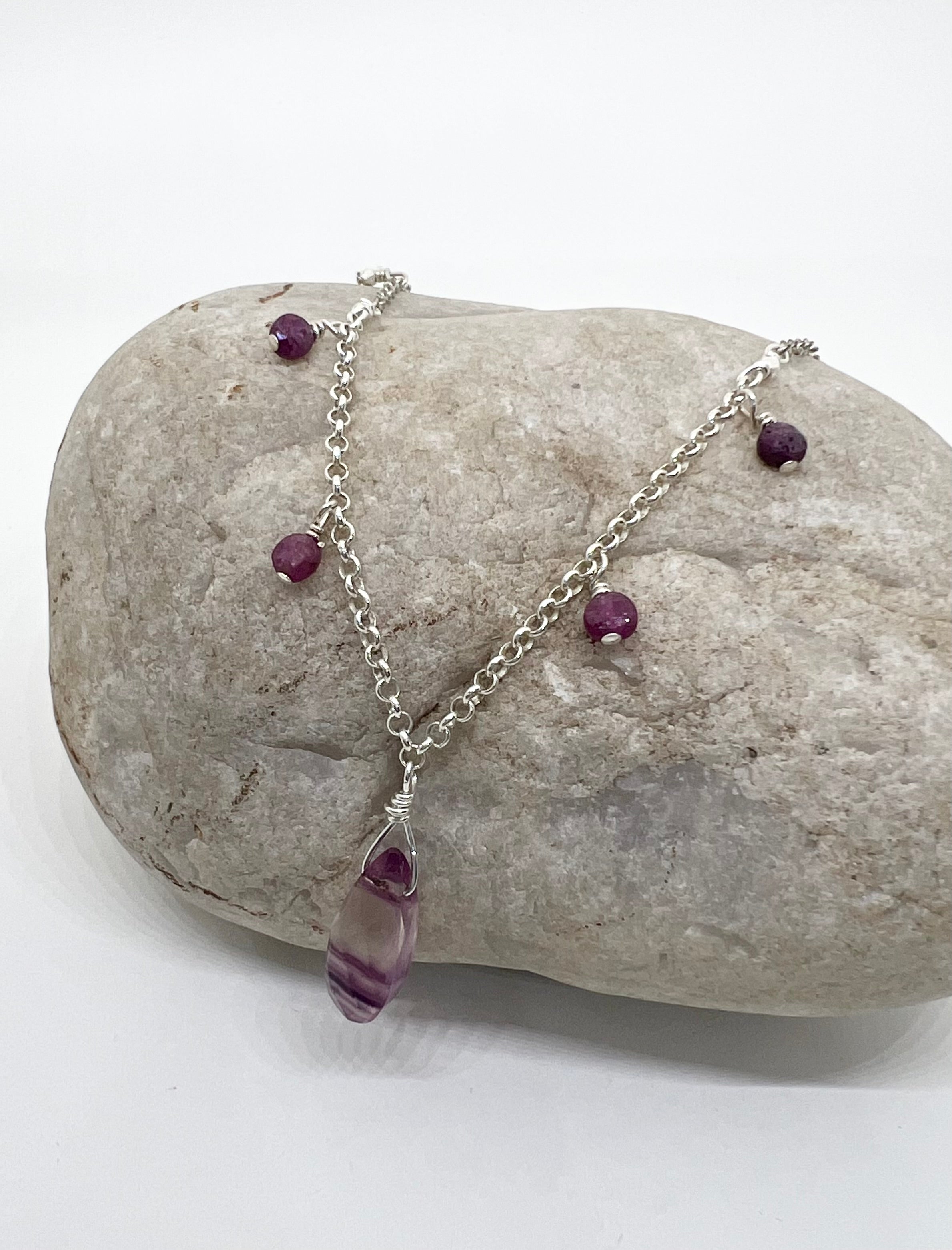 Handmade Ruby Necklace, Sterling Silver Beaded Necklace, Fluorite Gemstone Necklace