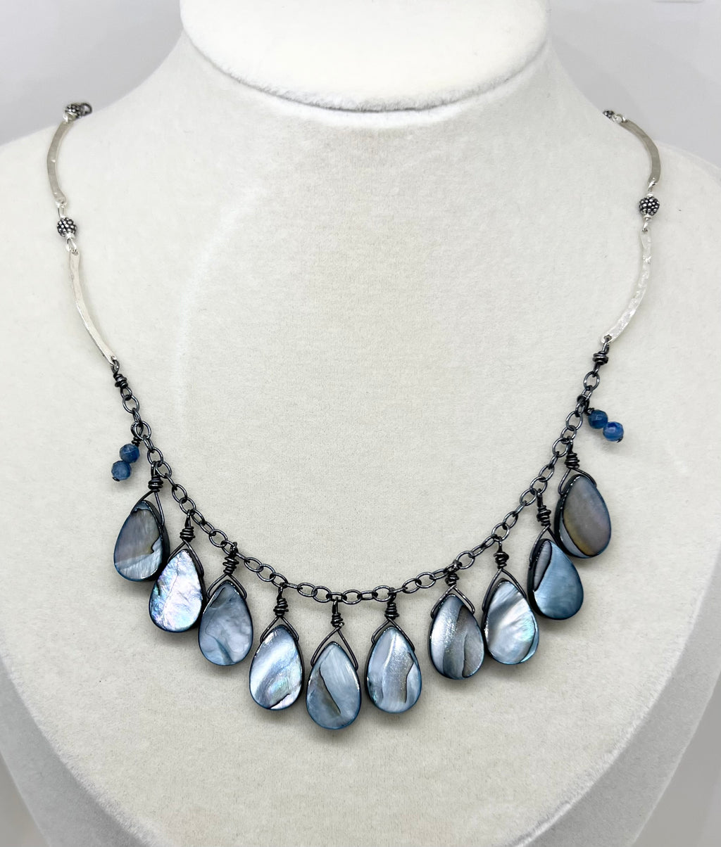 Handmade Blue Pendant Necklace, Blue Shell Necklace, Sterling Silver Beaded Necklace