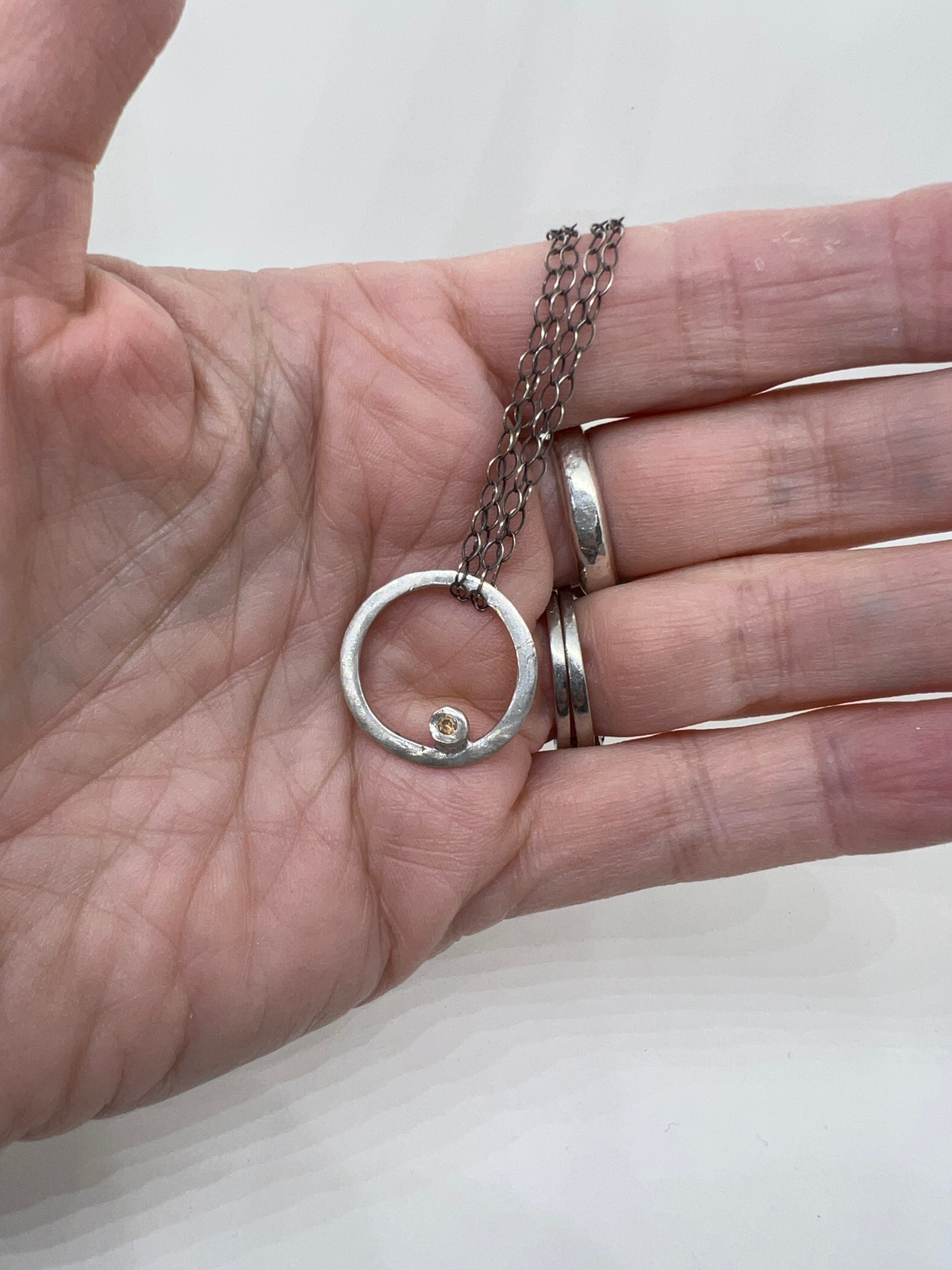 Handmade Citrine Circle Pendant Necklace, citrine CZ Necklace, Fine Silver Necklace, Sterling Silver Necklace, Handmade Necklace