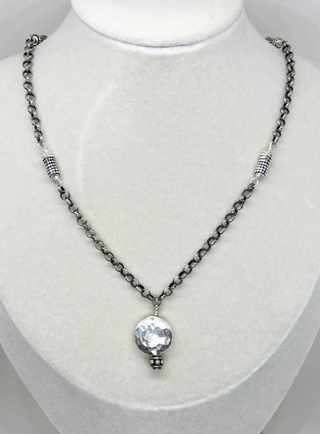 Handmade Sterling Silver Pendant Necklace, Hammered Sterling Silver Beaded Necklace