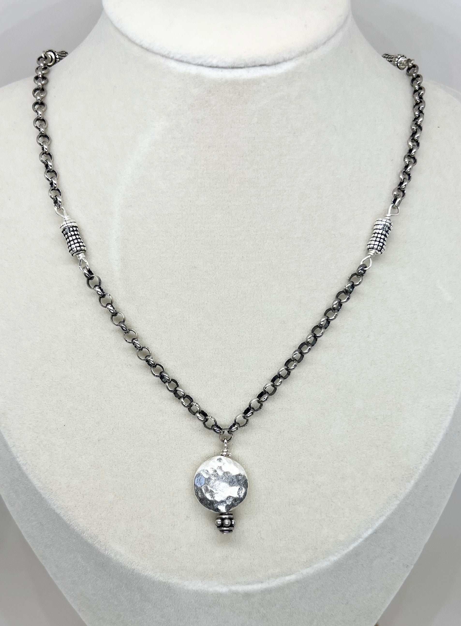 Handmade Sterling Silver Pendant Necklace, Hammered Sterling Silver Beaded Necklace