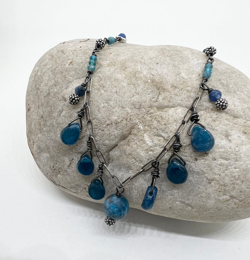 Handmade Blue Gemstone Necklace, Apatite Necklace, Beaded Natural Stone Necklace, Pendant Necklace, Sterling Silver Necklace