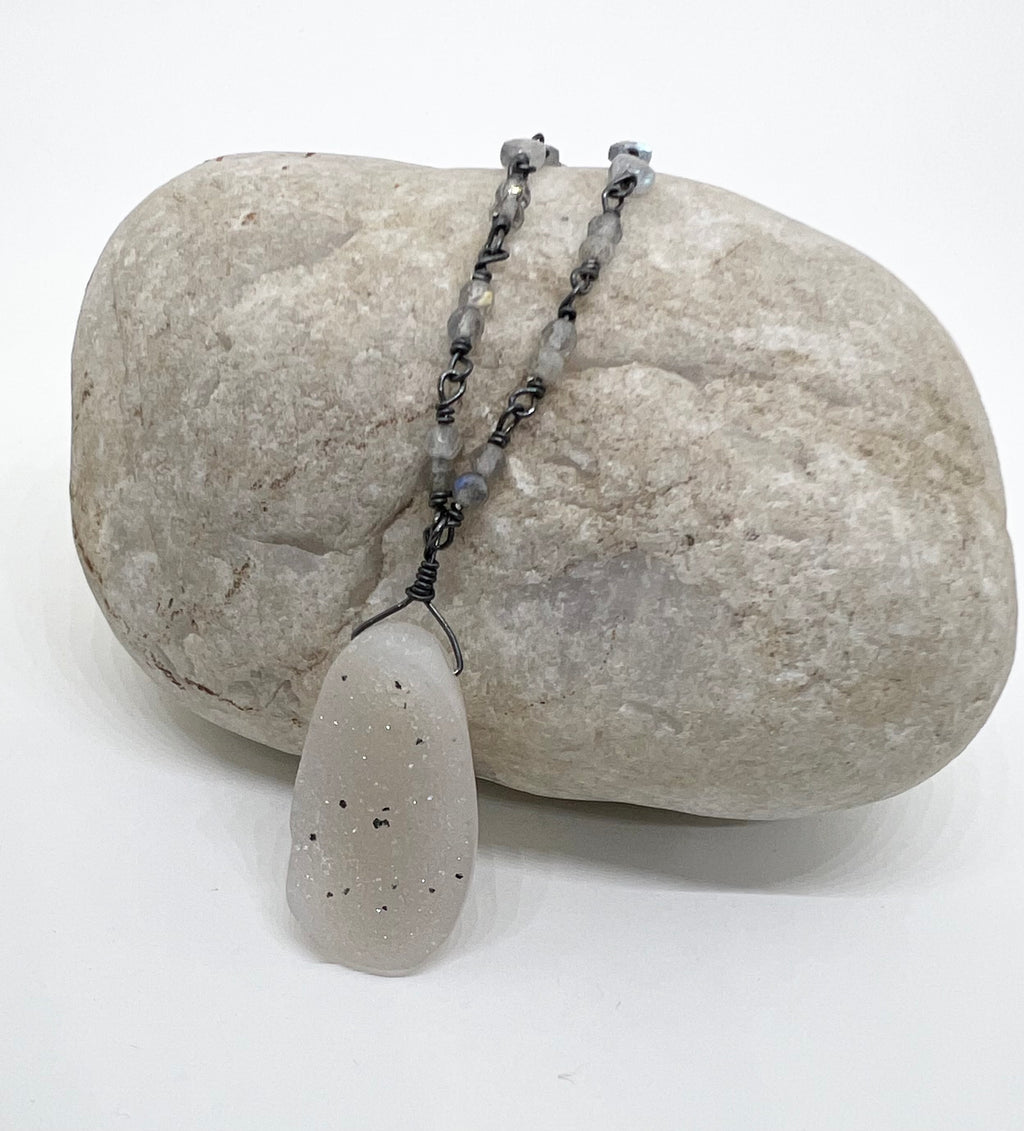 Handmade Pale Pink Gemstone Necklace, Drusy Chalcedony Necklace, Beaded Gemstone Necklace, Sterling Silver Rosary Chain Necklace