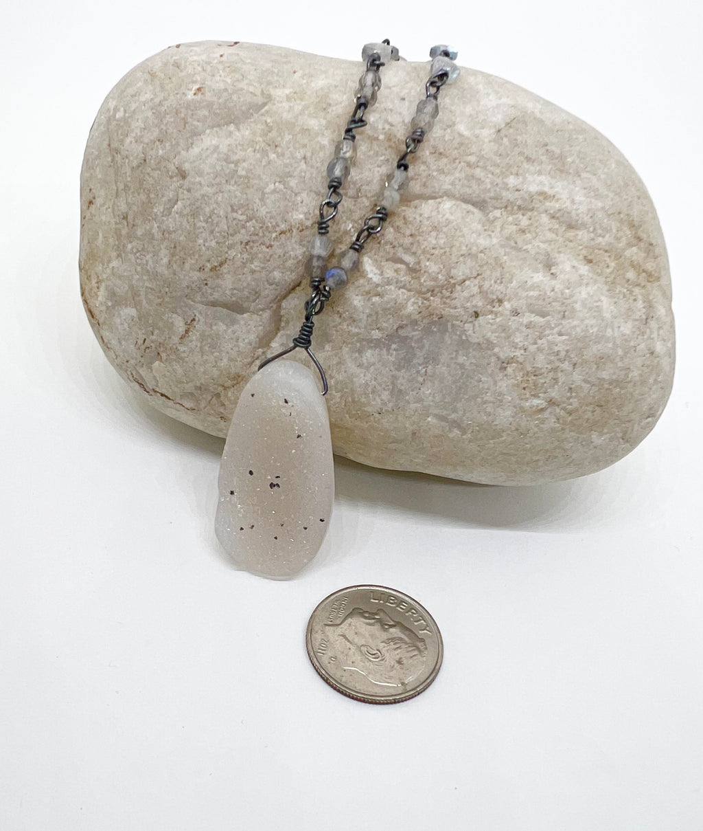 Handmade Pale Pink Gemstone Necklace, Drusy Chalcedony Necklace, Beaded Gemstone Necklace, Sterling Silver Rosary Chain Necklace