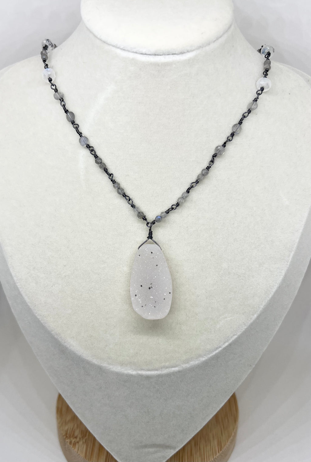 Handmade Pale Pink Gemstone Necklace, Drusy Chalcedony Necklace, Beaded Gemstone Necklace, Sterling Silver Rosary Chain Necklace