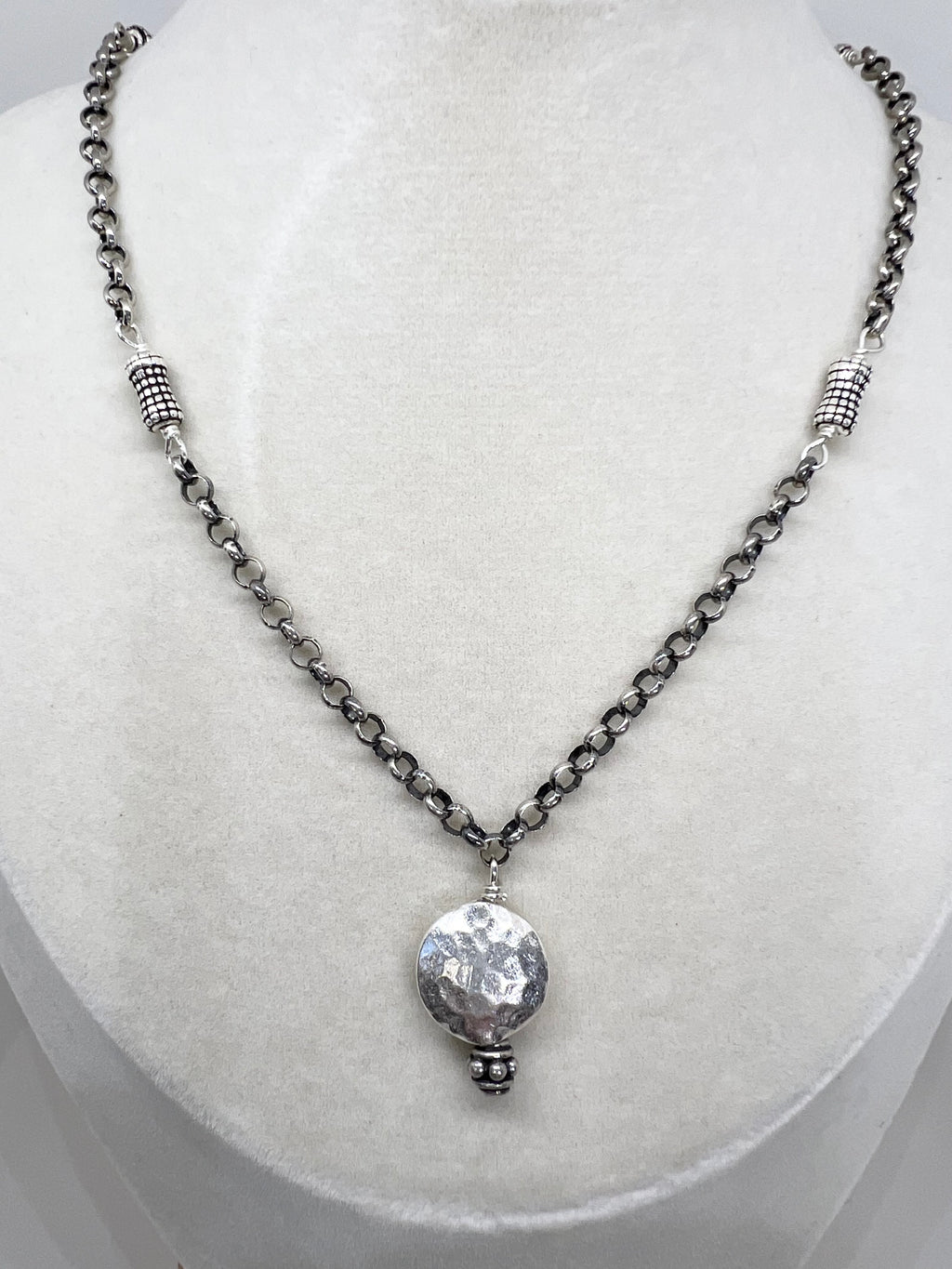 Handmade Sterling Silver Pendant Necklace, Hammered Sterling Silver Beaded Necklace