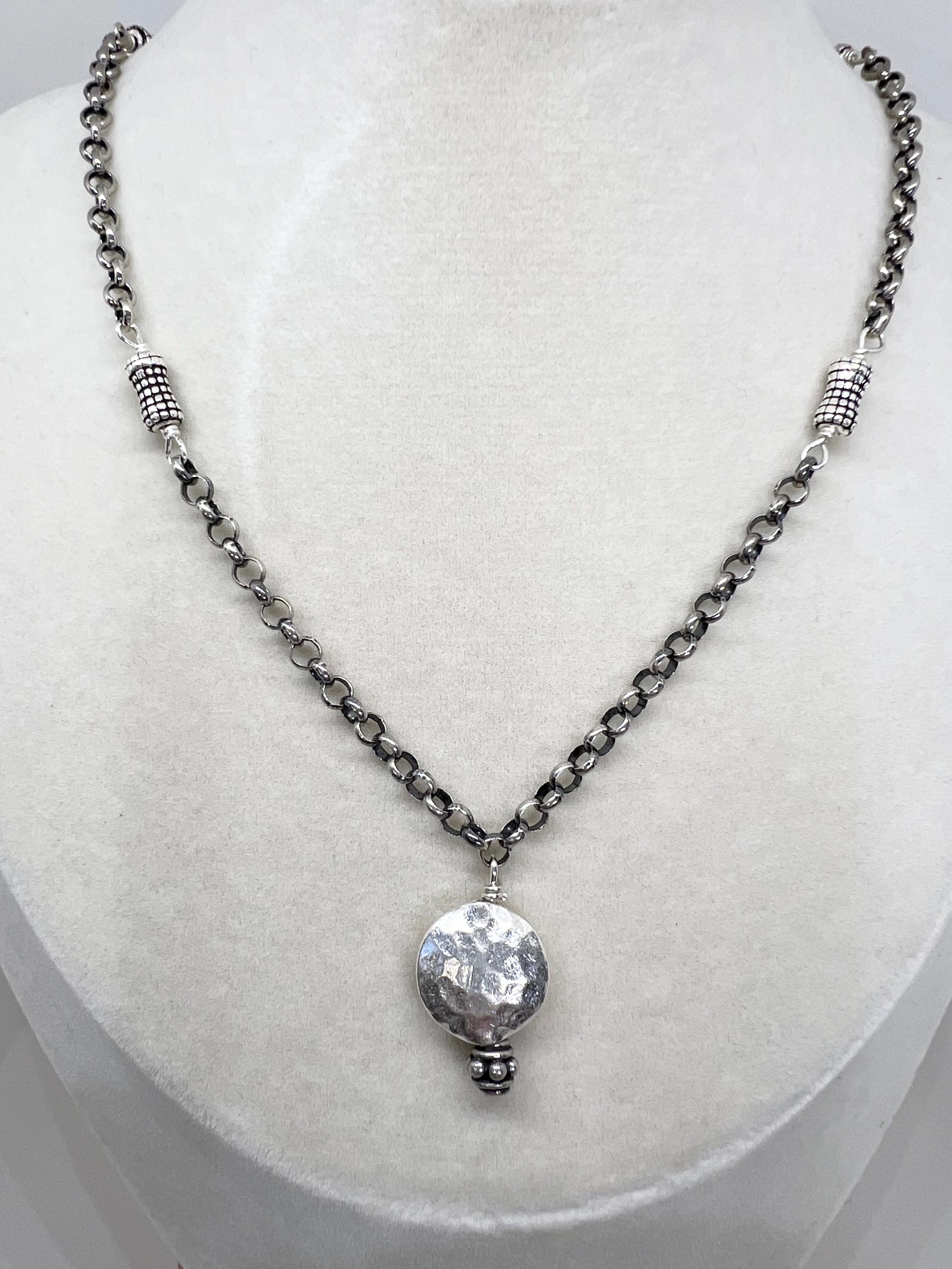 Handmade Sterling Silver Pendant Necklace, Hammered Sterling Silver Beaded Necklace