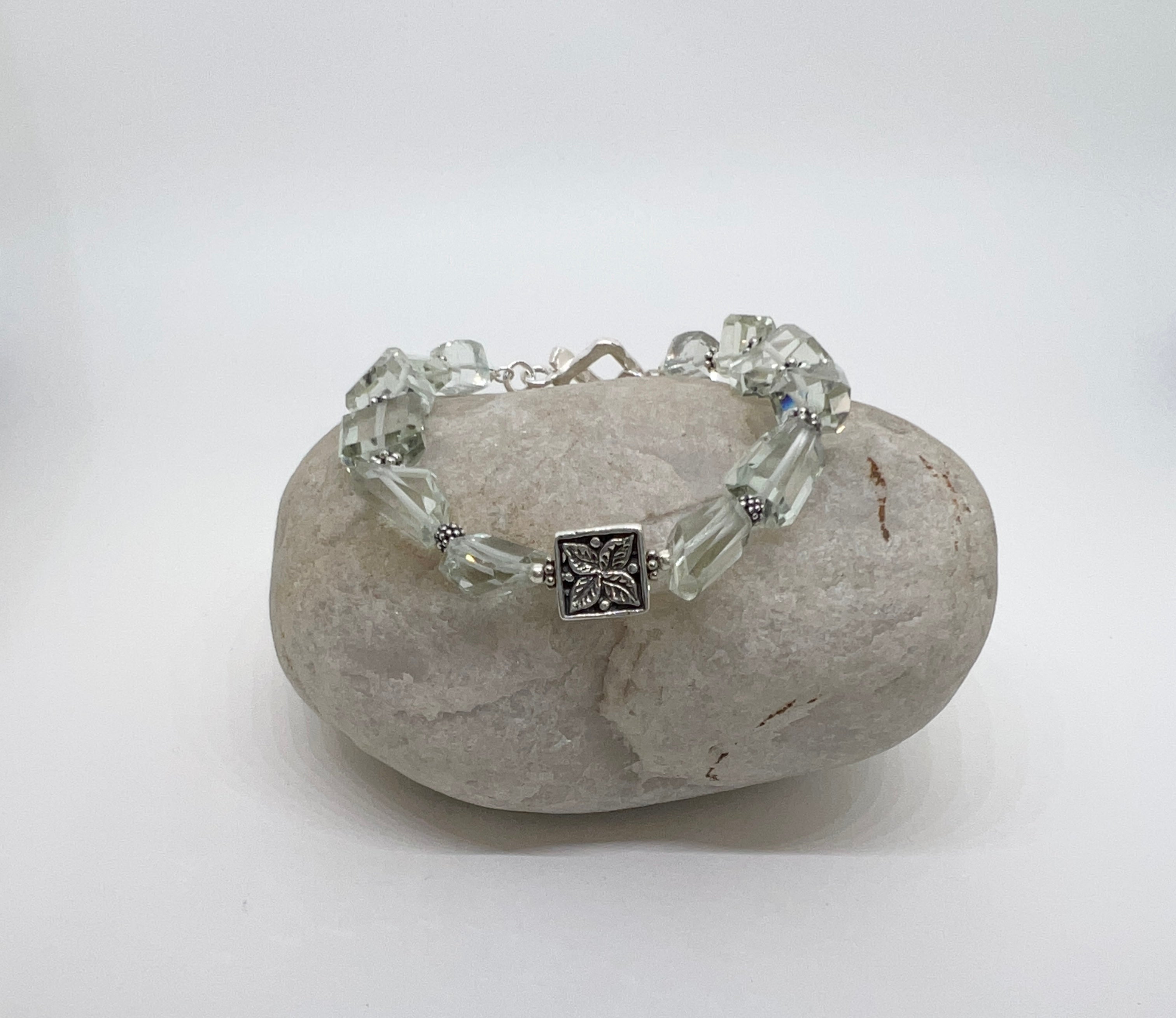 Handmade Pale Green Gemstone Bracelet, Green Amethyst Bracelet, Sterling Silver Bracelet, Prasiolite Beaded Bracelet