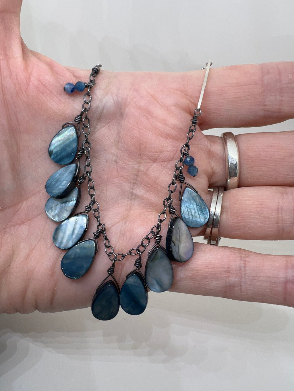 Handmade Blue Pendant Necklace, Blue Shell Necklace, Sterling Silver Beaded Necklace