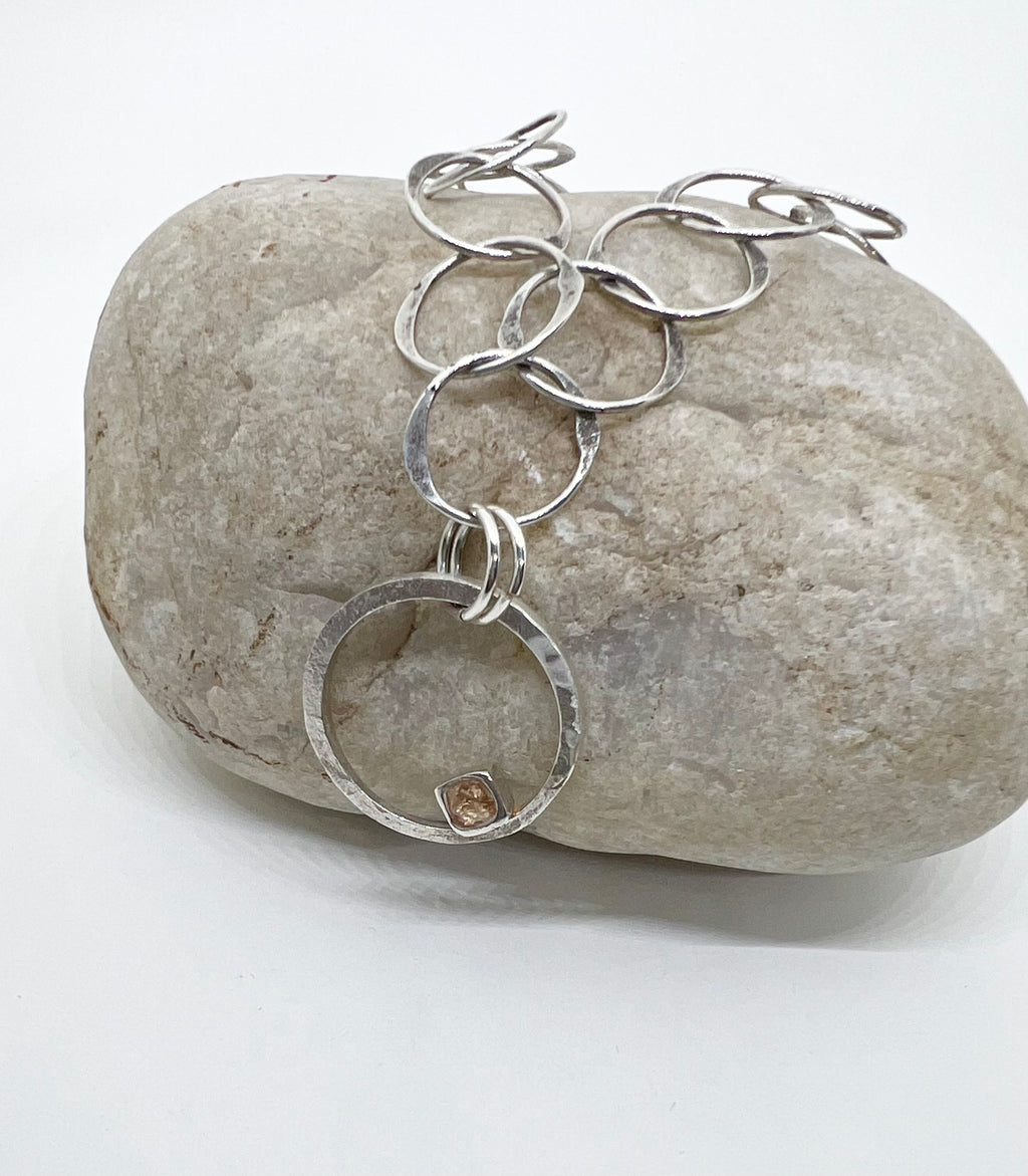 Handmade Multi Hoop Pendant Necklace, Sterling Silver Handmade Necklace, Citrine CZ Pendant Necklace