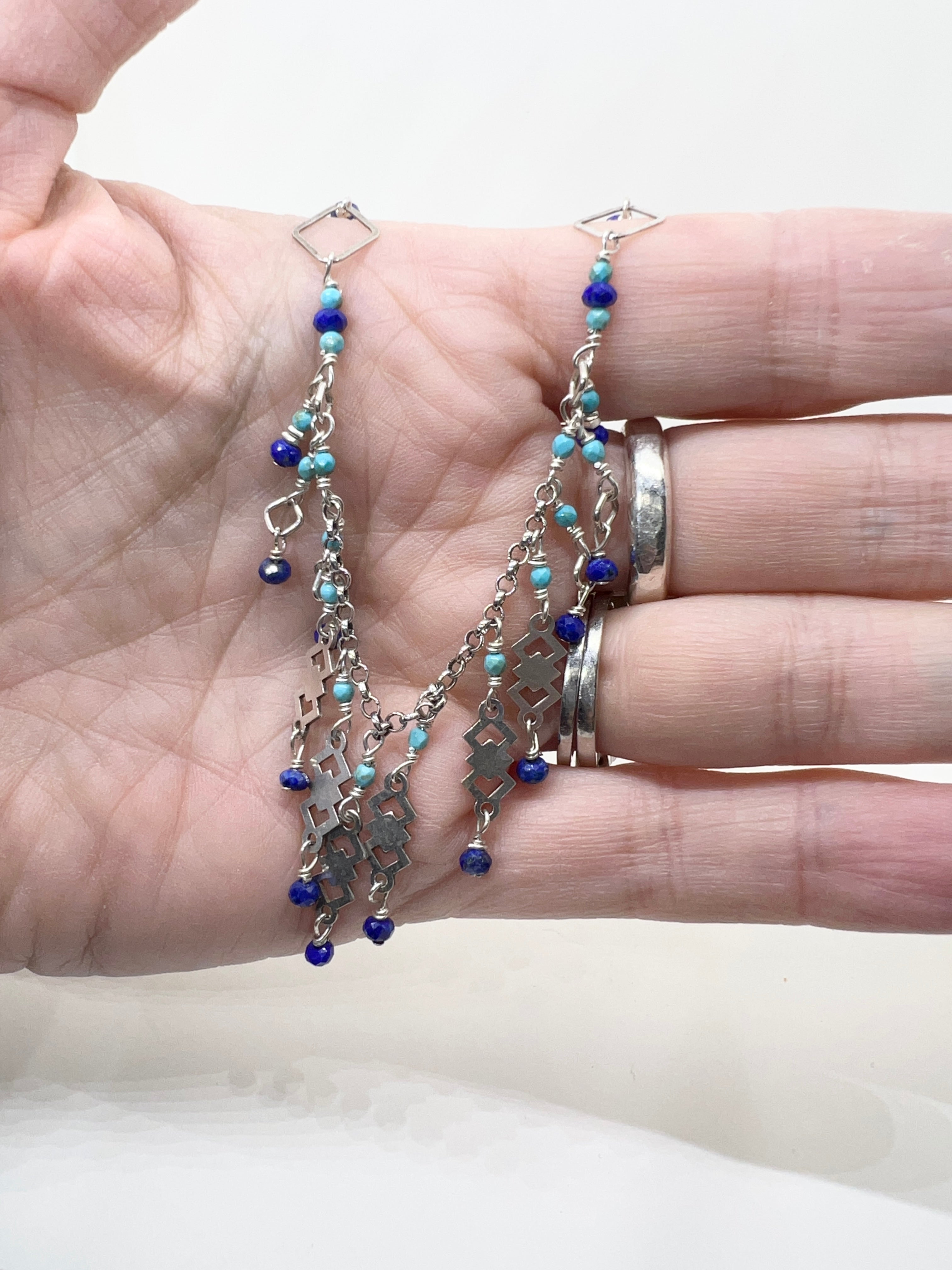 Handmade Multi Pendant Necklace, Gemstone and Sterling Silver Necklace, Bib Necklace, Turquoise and Lapis Lazuli Necklace