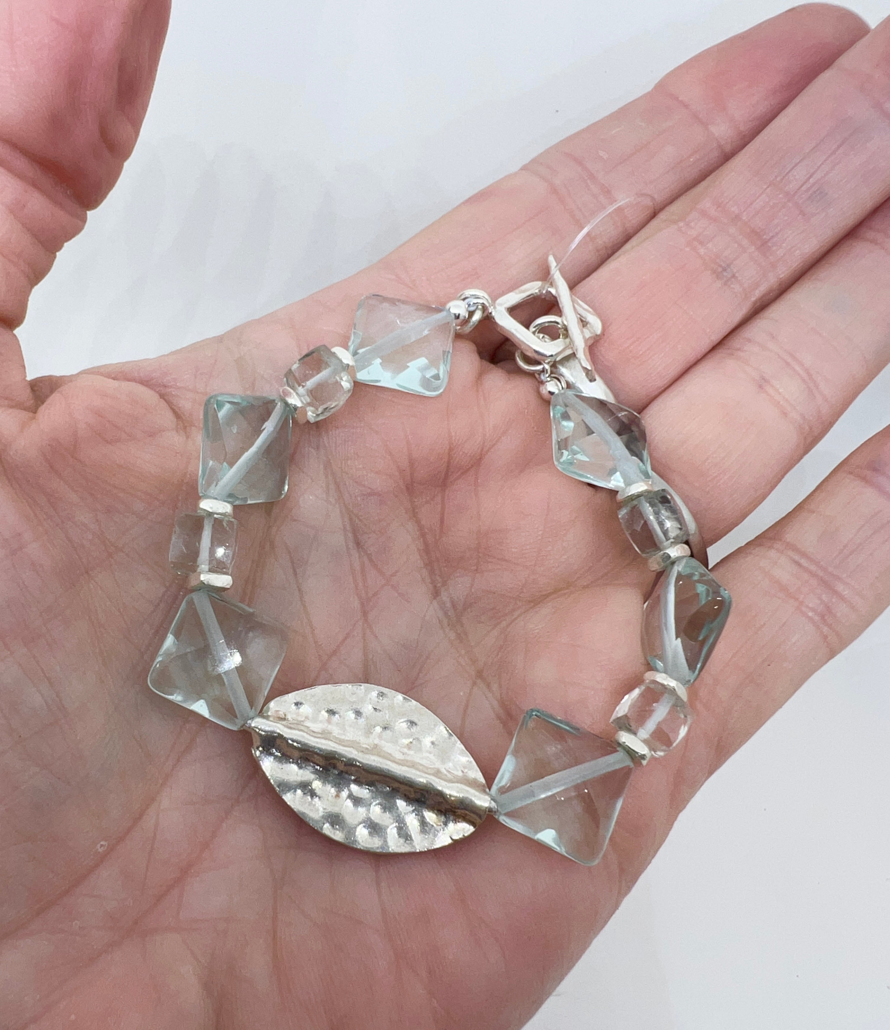 Handmade Bracelet, Sea Green Gemstone and Hand Hammered Sterling Silver Bracelet, Beaded Bracelet, Quartz Bracelet, Prasiolite Bracelet