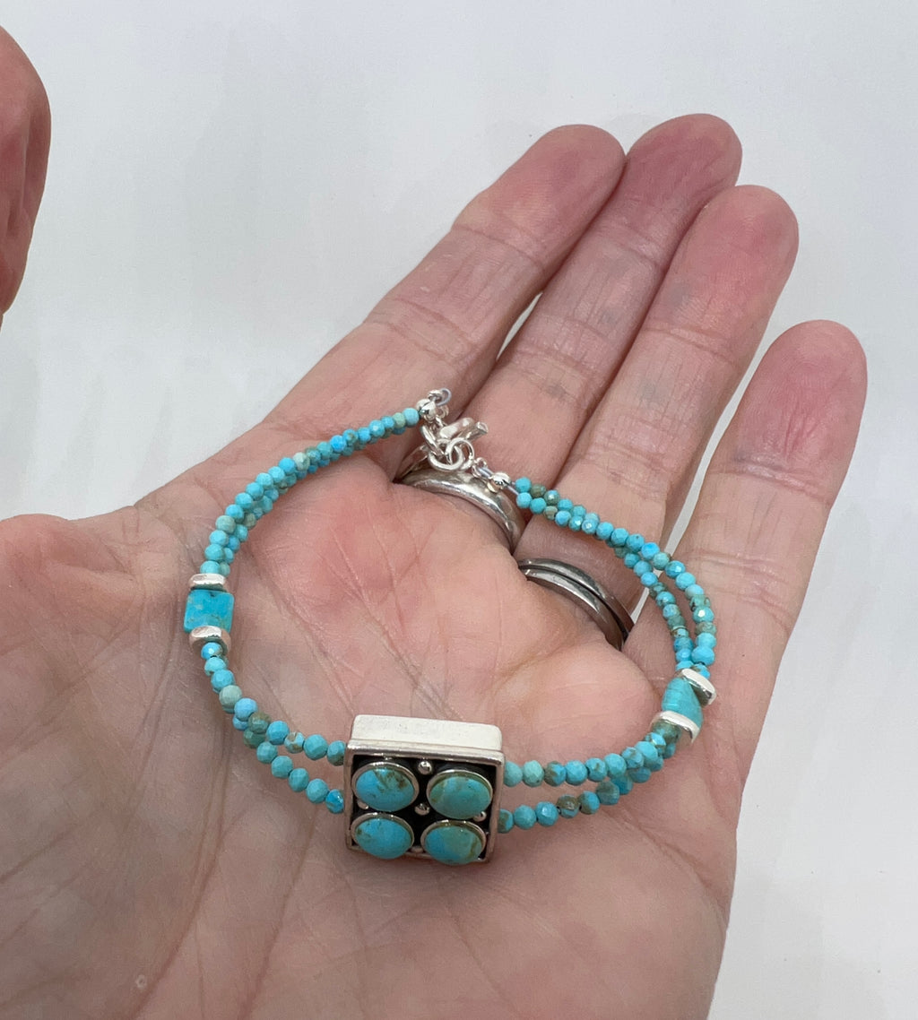 Handmade Double Strand Turquoise Bracelet, Vintage Sterling Silver Bracelet, Turquoise Beaded Bracelet