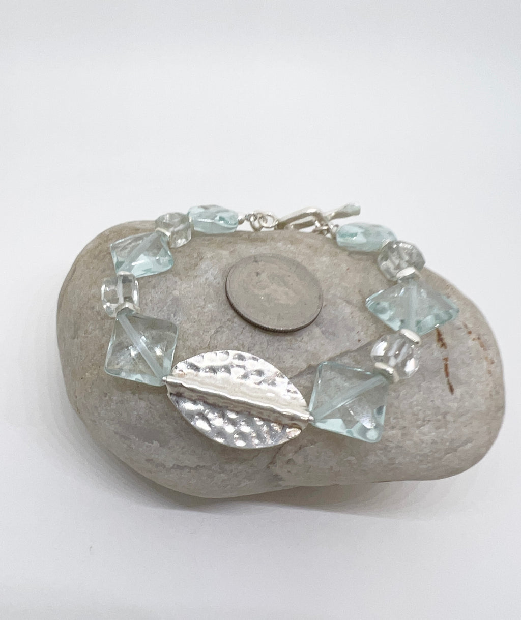 Handmade Bracelet, Sea Green Gemstone and Hand Hammered Sterling Silver Bracelet, Beaded Bracelet, Quartz Bracelet, Prasiolite Bracelet