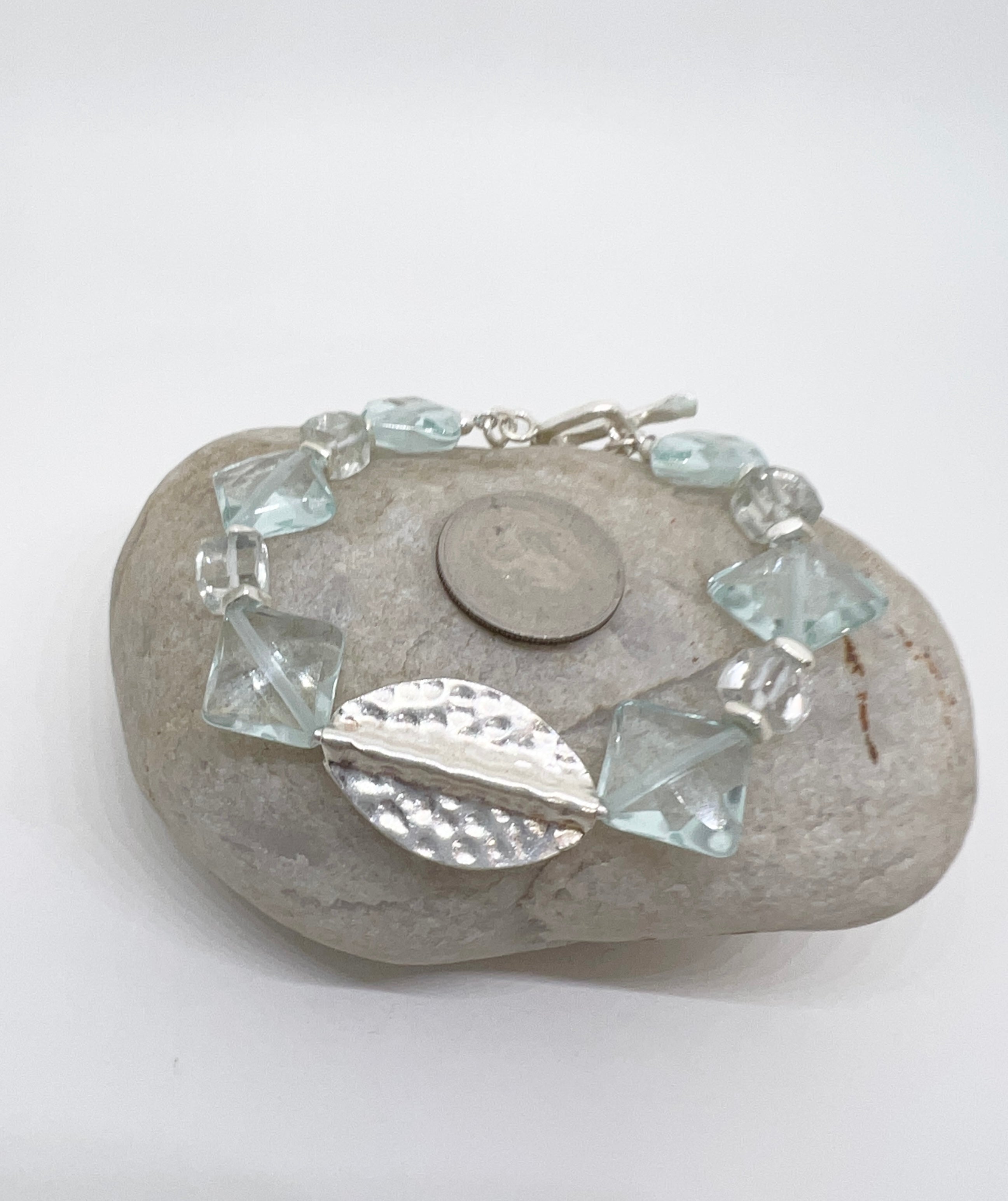 Handmade Bracelet, Sea Green Gemstone and Hand Hammered Sterling Silver Bracelet, Beaded Bracelet, Quartz Bracelet, Prasiolite Bracelet