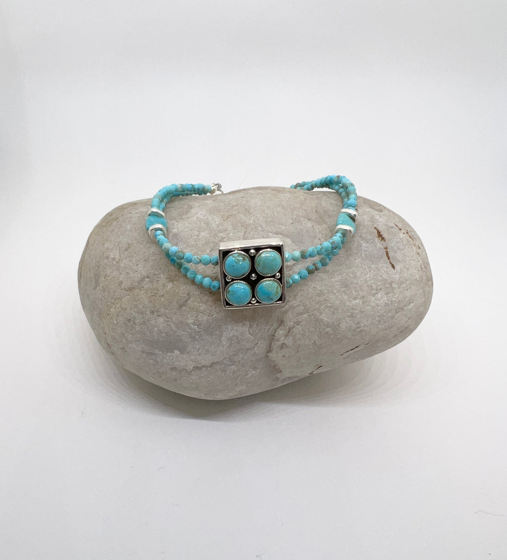 Handmade Double Strand Turquoise Bracelet, Vintage Sterling Silver Bracelet, Turquoise Beaded Bracelet