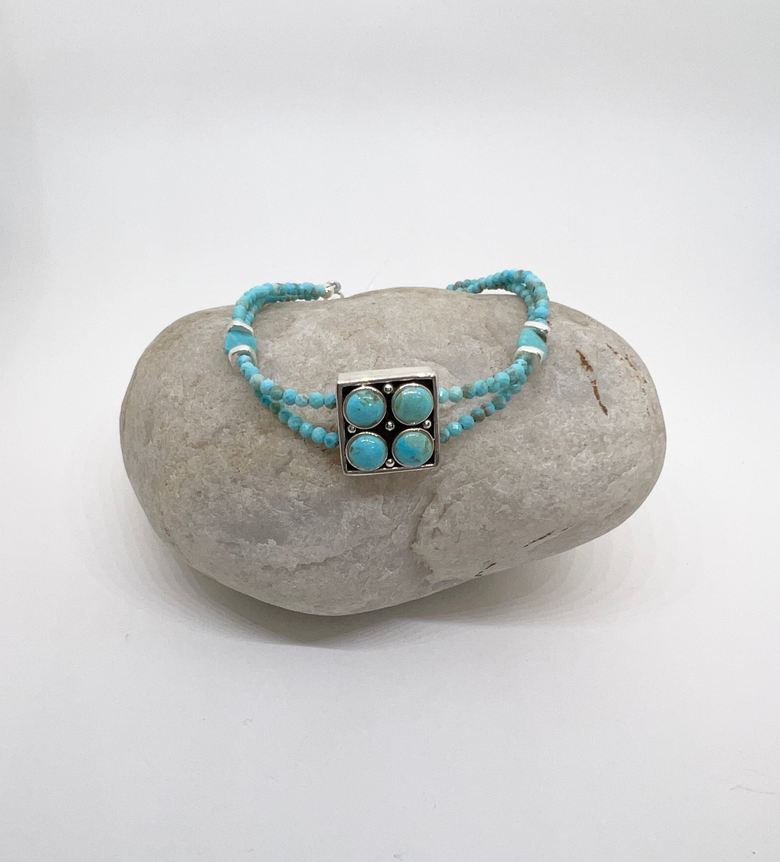 Handmade Double Strand Turquoise Bracelet, Vintage Sterling Silver Bracelet, Turquoise Beaded Bracelet