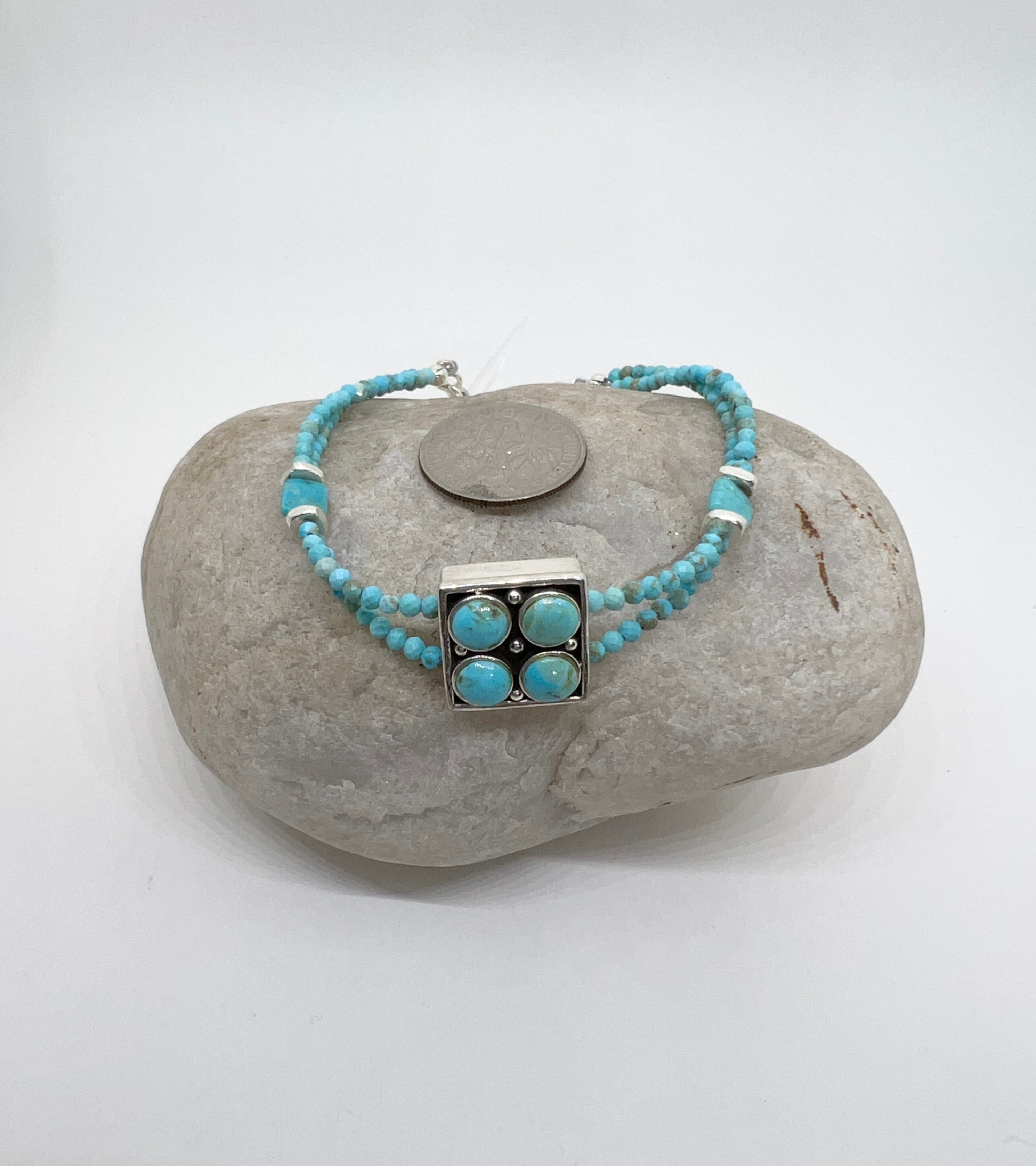 Handmade Double Strand Turquoise Bracelet, Vintage Sterling Silver Bracelet, Turquoise Beaded Bracelet