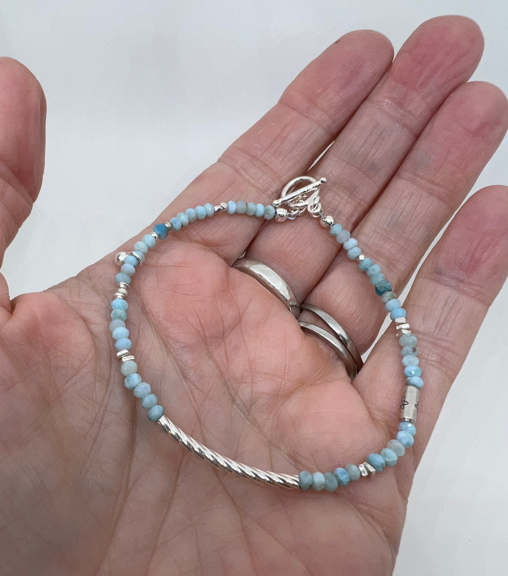 Handmade Light Blue Larimar Bracelet, Sterling Silver Bracelet, Blue Gemstone Bracelet, Beaded Bracelet