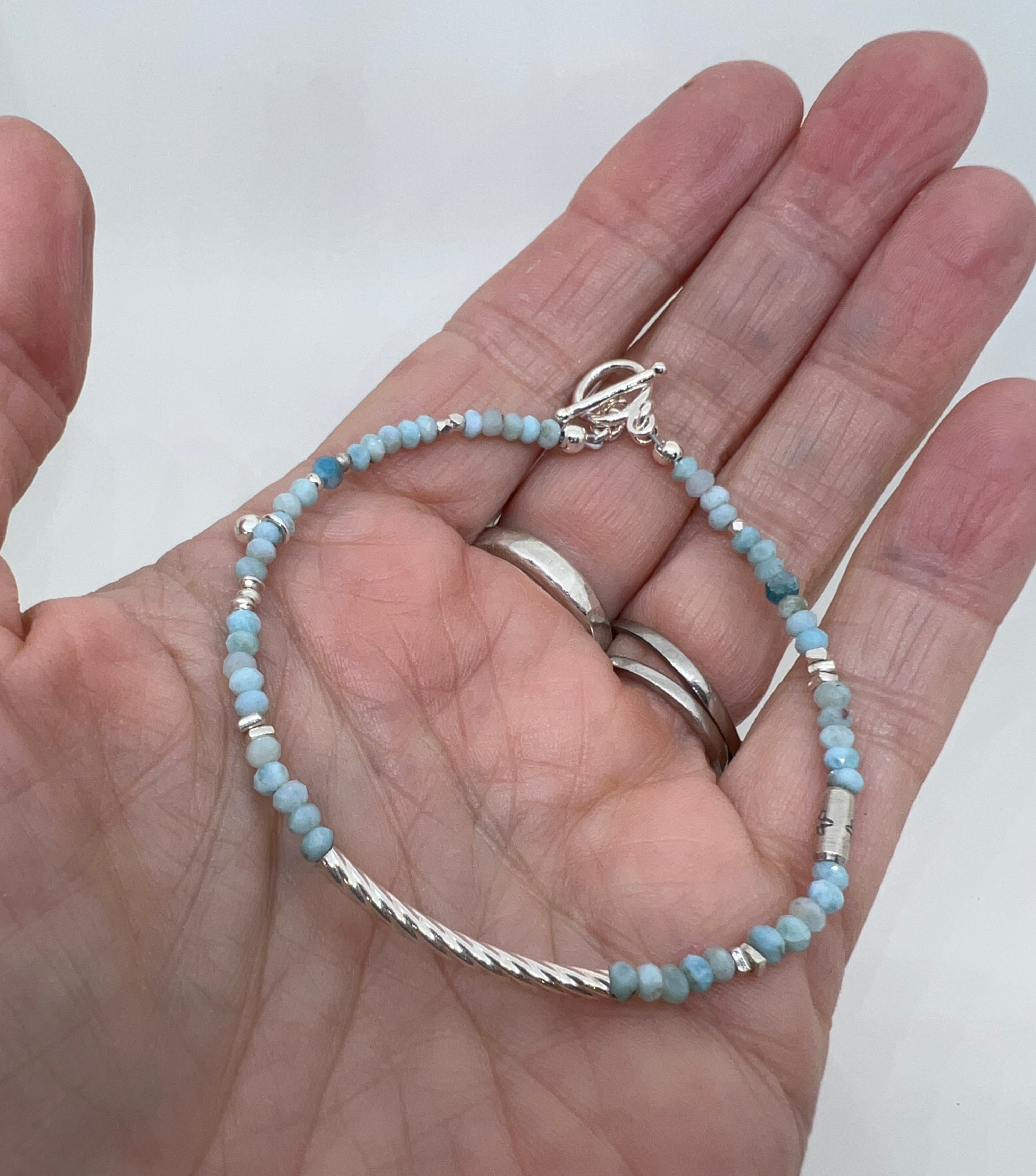 Handmade Light Blue Larimar Bracelet, Sterling Silver Bracelet, Blue Gemstone Bracelet, Beaded Bracelet
