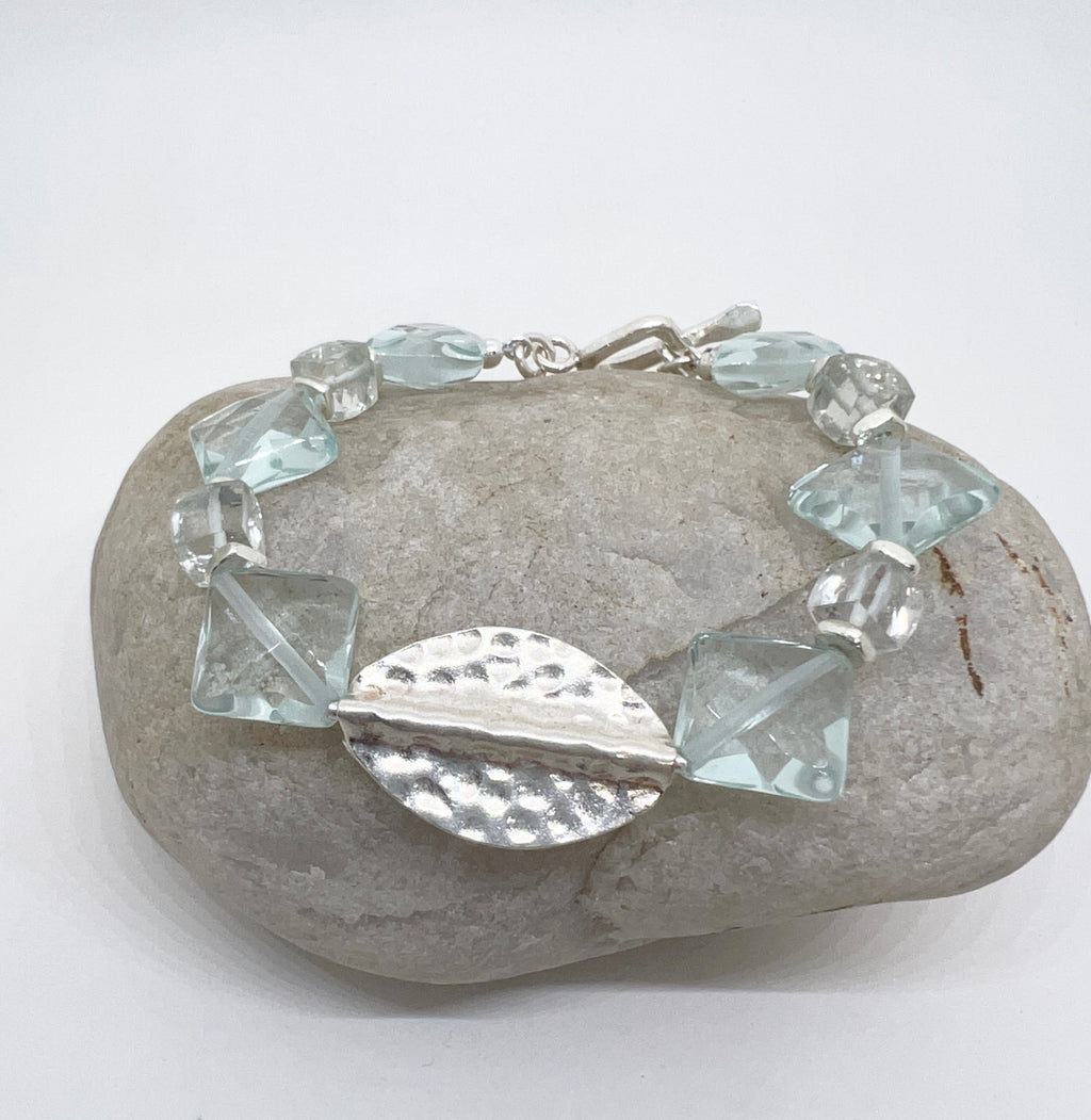 Handmade Bracelet, Sea Green Gemstone and Hand Hammered Sterling Silver Bracelet, Beaded Bracelet, Quartz Bracelet, Prasiolite Bracelet