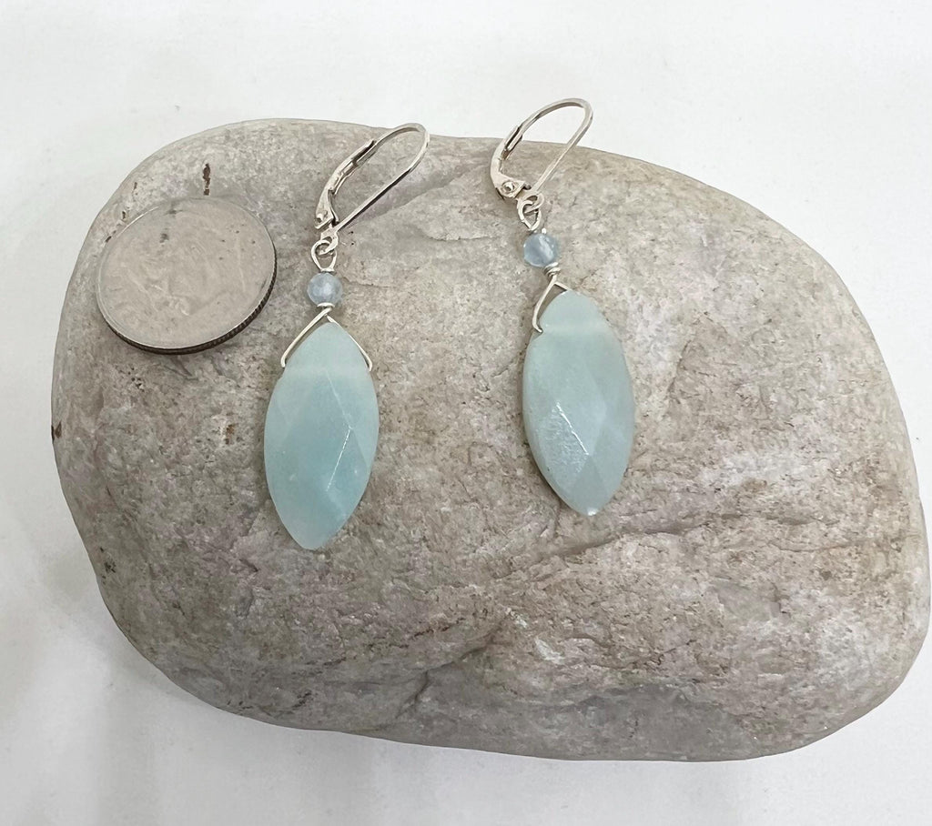 Sea Green Handmade Gemstone Silver Dangle Earrings, Sterling, Drop, Amazonite, Aquamarine