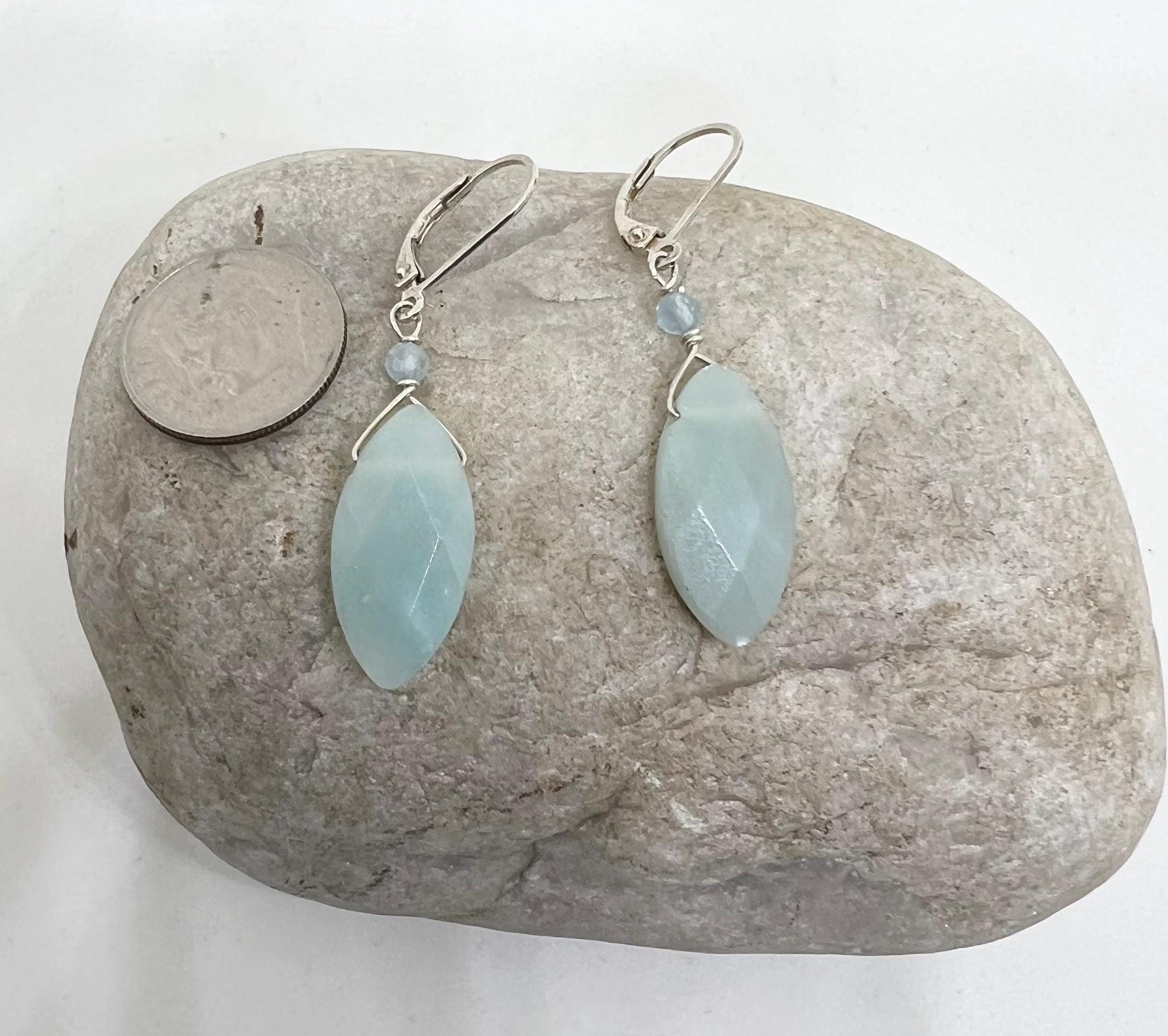 Sea Green Handmade Gemstone Silver Dangle Earrings, Sterling, Drop, Amazonite, Aquamarine