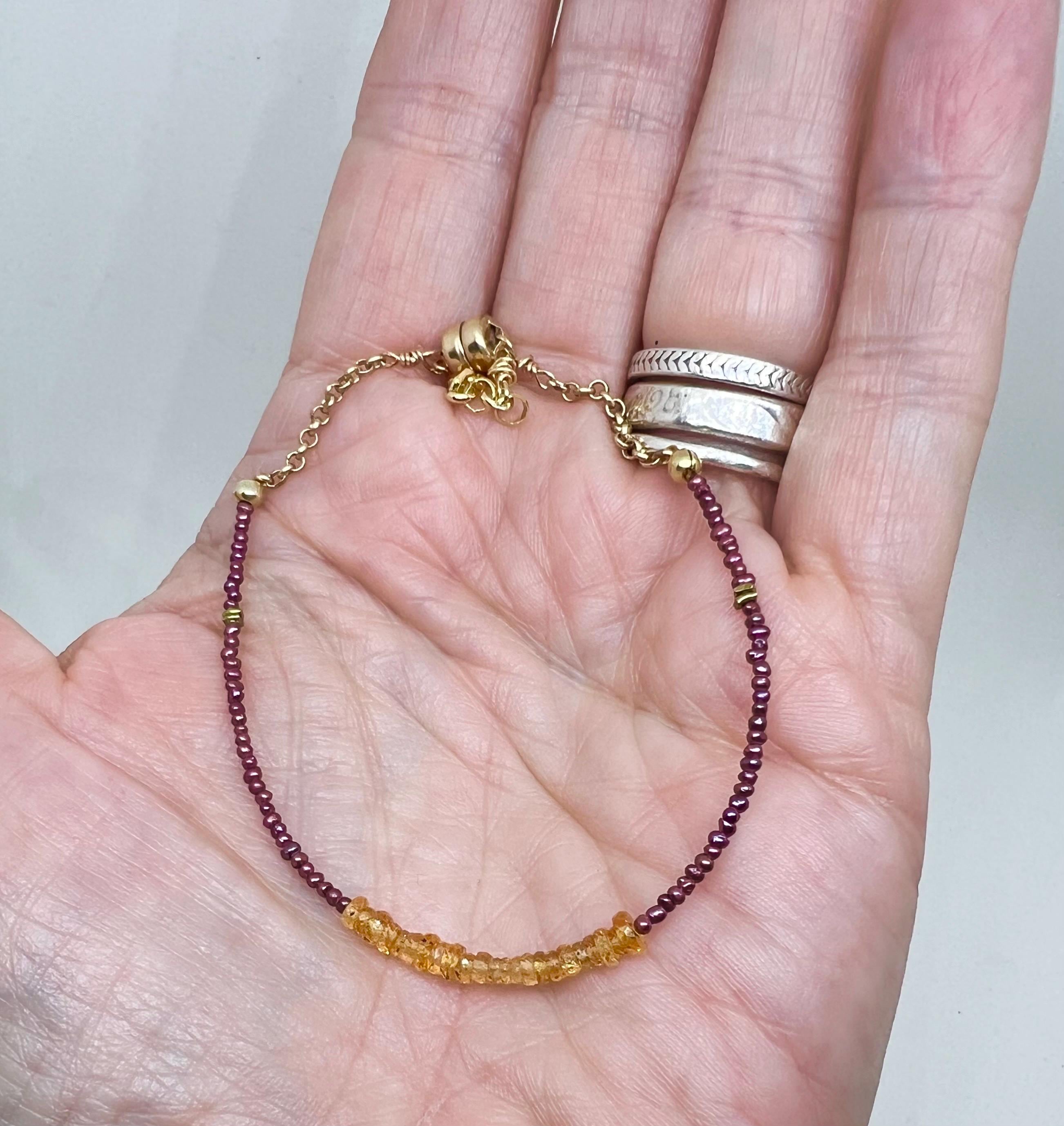 Golden Gemstone Beaded Bracelet, Vermeil, Red Pearl, Natural Stone, Garnet, Gold