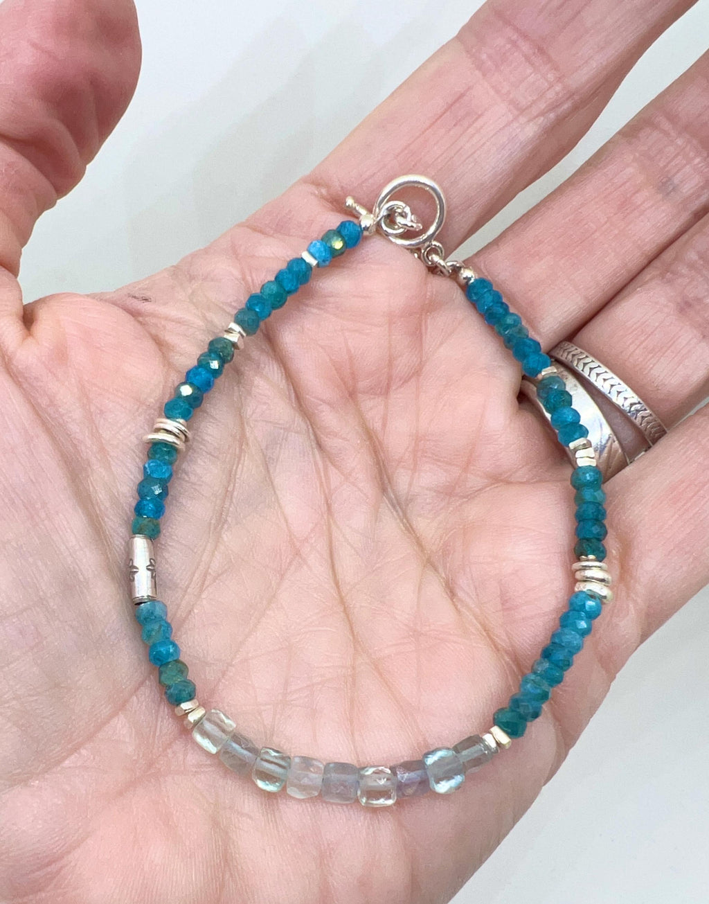 Blue Beaded Gemstone Handmade Bracelet, Sterling Silver, Apatite, Rainbow Fluorite, Jewelry